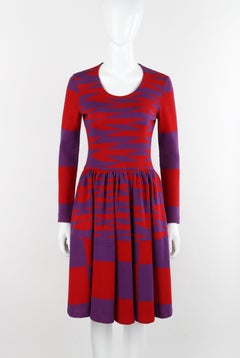 Rudi Gernreich for Harmon Knitwear c.1971 Viola Rosso Mod Op Art Abito da giorno in maglia di lana