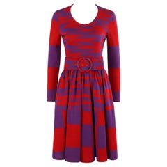 RUDI GERNREICH Harmon Knitwear c.1971 Lila Rot Mod Op Art Wollstrick-Tageskleid