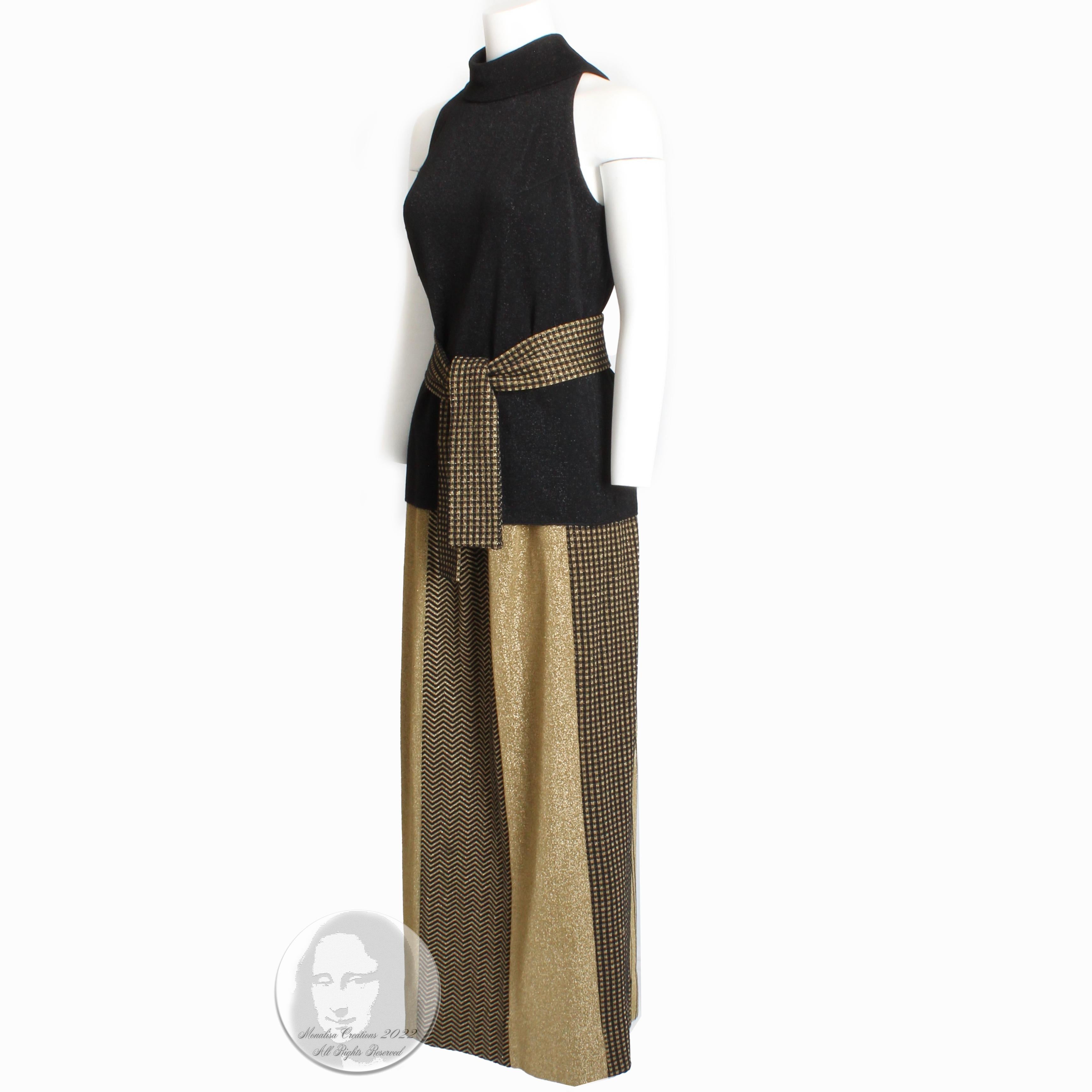 Women's or Men's Rudi Gernreich Suit 3pc Top Skirt Sash Belt Black Gold Metallic Knit Vintage 70s