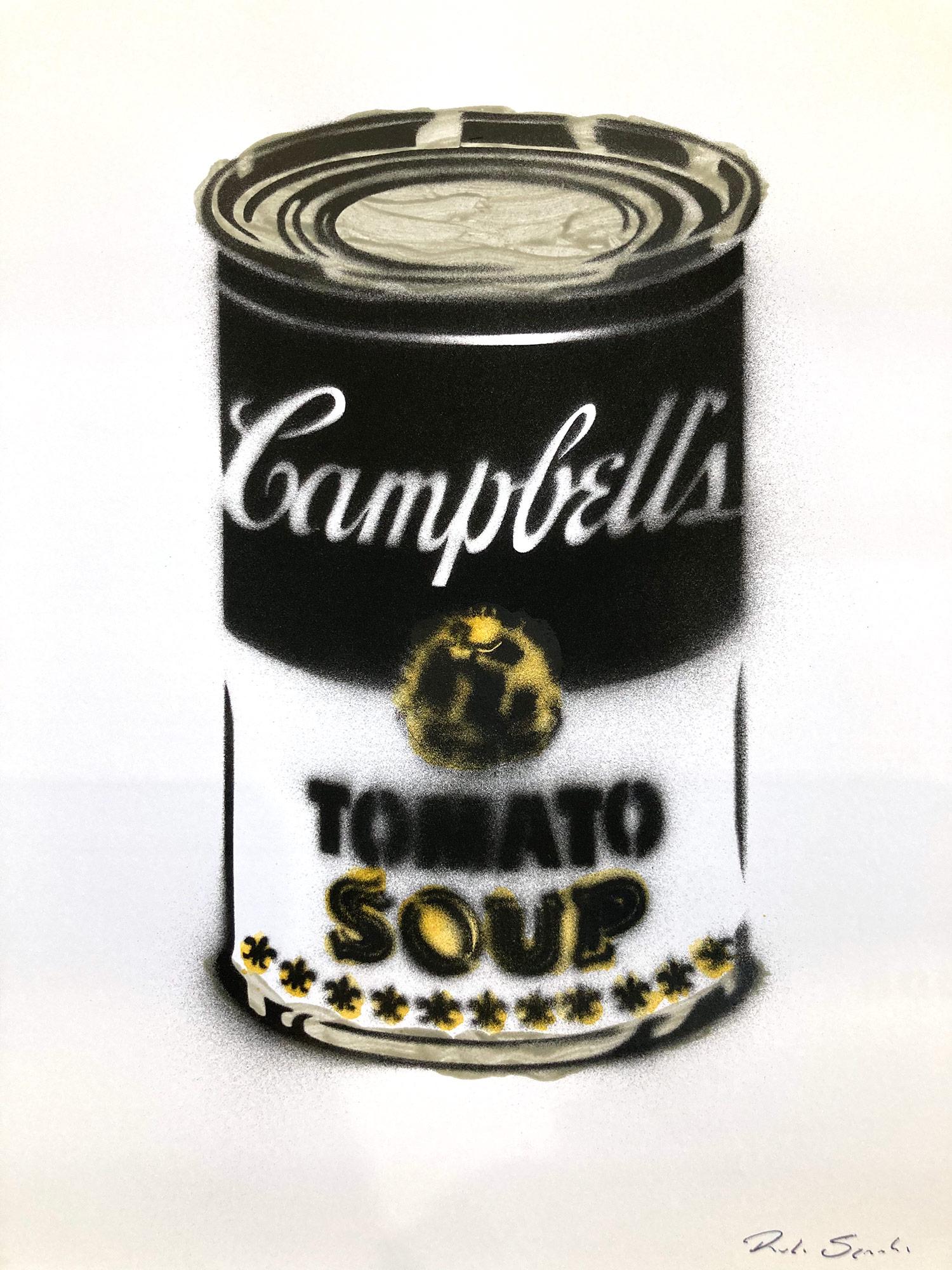 ""Campbell's Tomato Soup" d'après Andy Warhol, pochoir à tomates sur papier d'archives