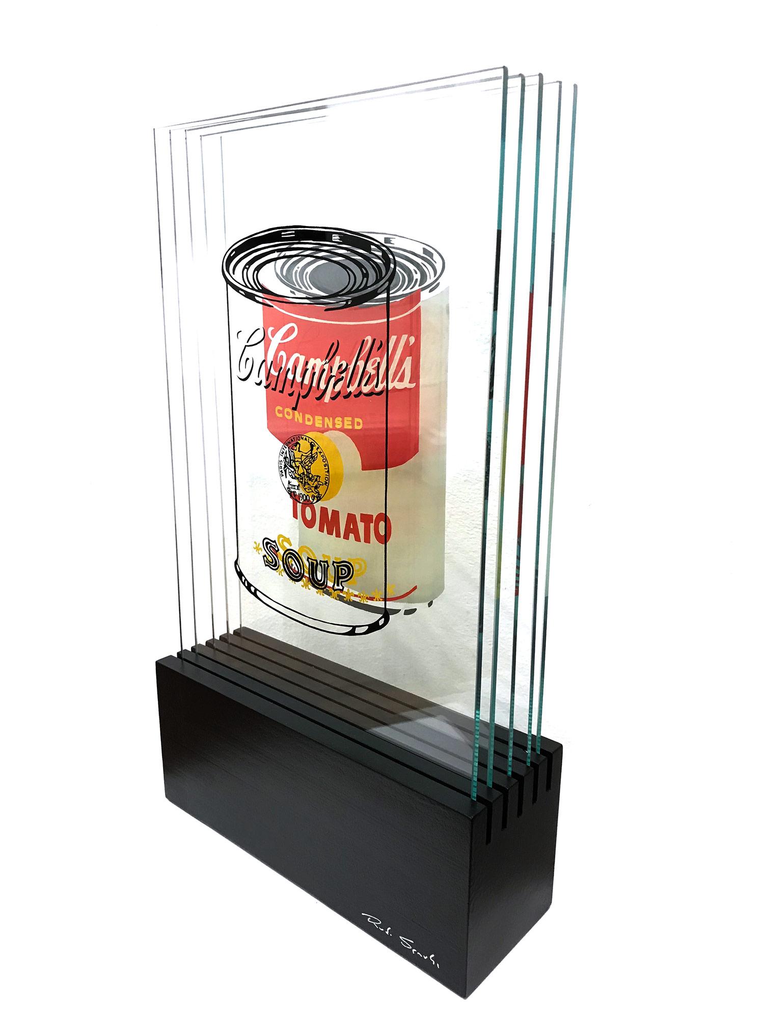 Sculpture en verre 3D « Campbell's Tomato Soup » d'après Andy Warhol - Marron Abstract Sculpture par Rudi Sgarbi