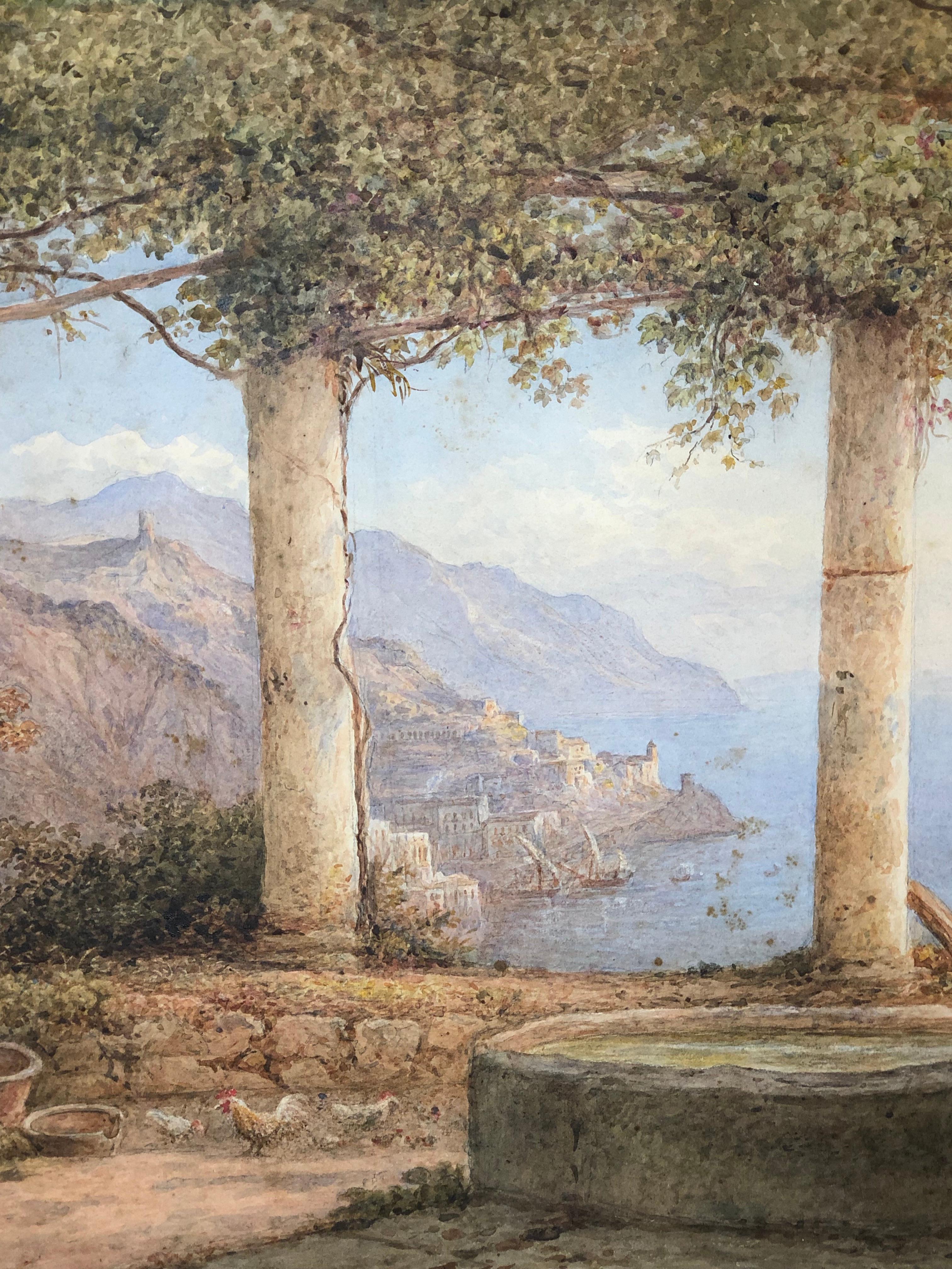Neoclassical Rudlolf Muller Watercolor Dated 1854 Amalfi Coastal Scene