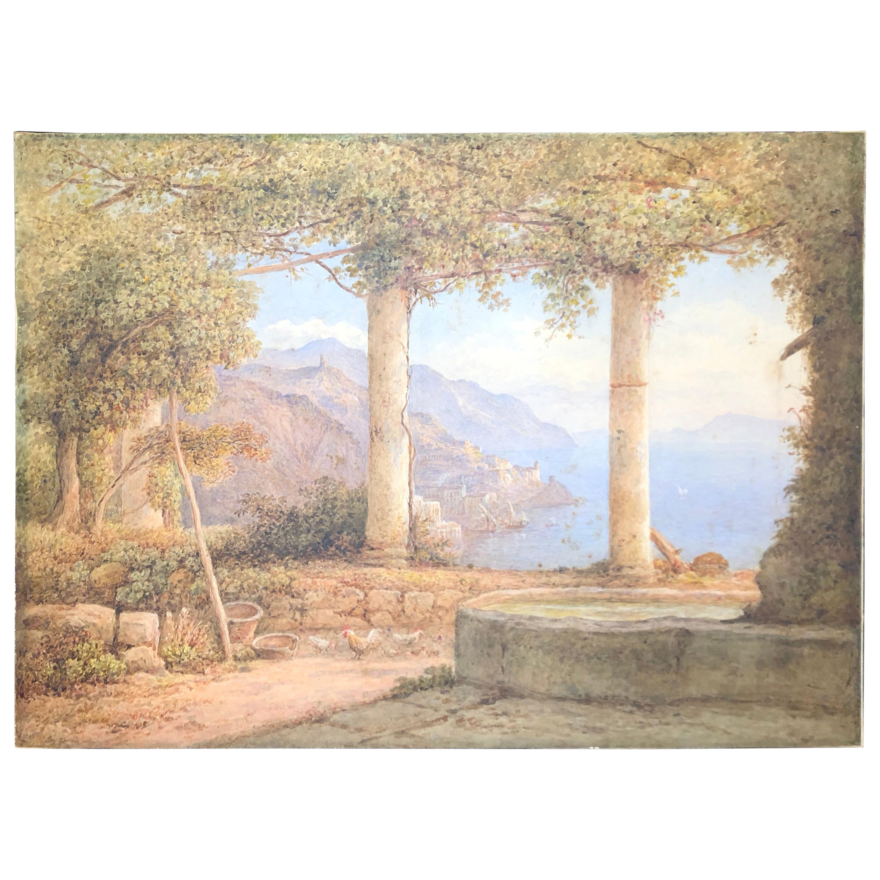 Rudlolf Muller Watercolor Dated 1854 Amalfi Coastal Scene