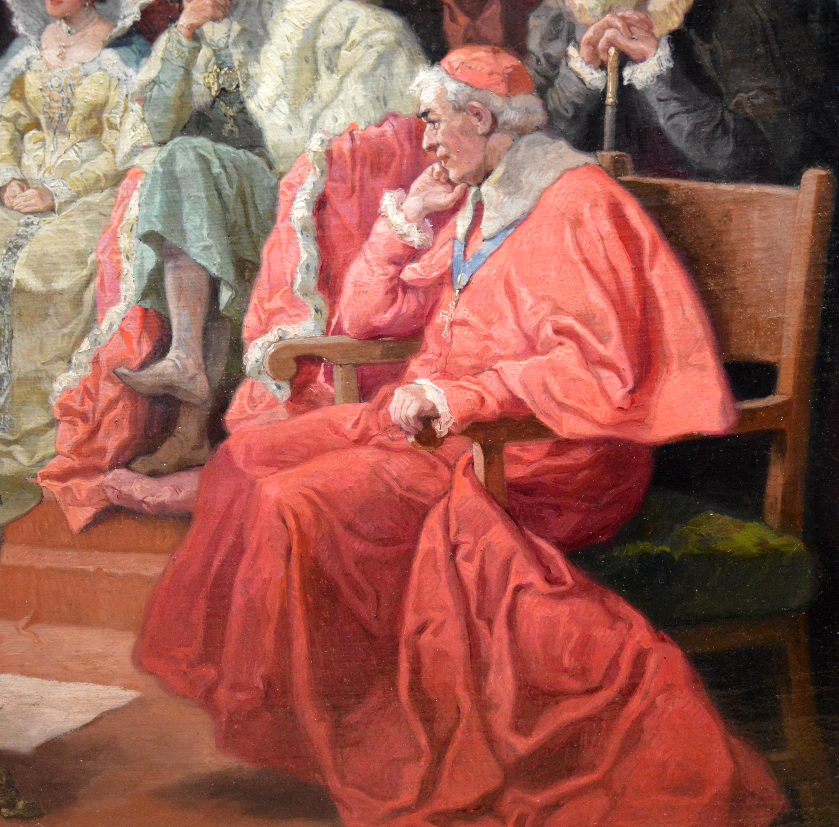 This is a very large fine 19th century oil painting depicting Christopher Columbus explaining his plans to Kind Ferdinand and Queen Isabella of Spain on the eve of his voyage of discovery to the Americas by the famous Austrian painter Rudolf Alfred