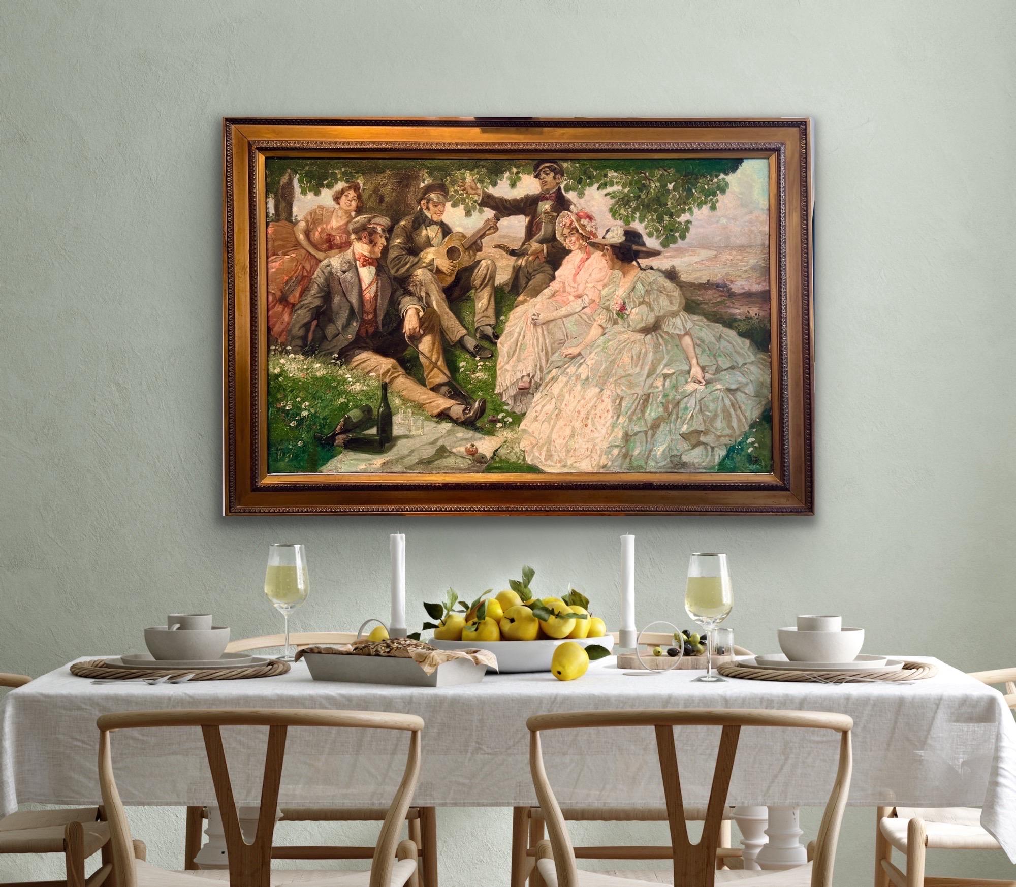 Huge Gemälde des 19. Jahrhunderts – Musik picnic – Elegante Gruppe in einer Landschaft – Painting von Rudolf Alfred Hoger