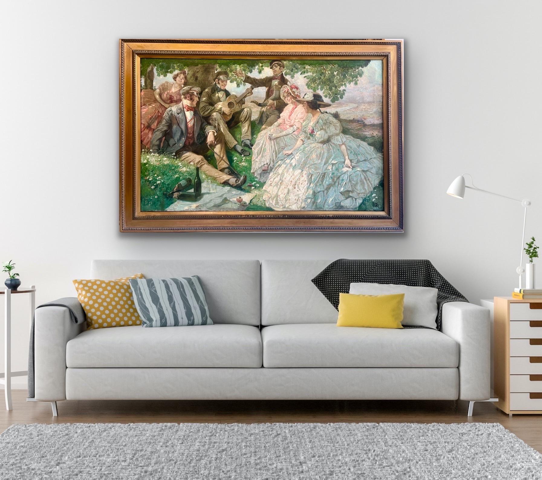 Grand tableau du 19e siècle - Pique-nique musical - Groupe Elegance dans un paysage - Painting de Rudolf Alfred Hoger