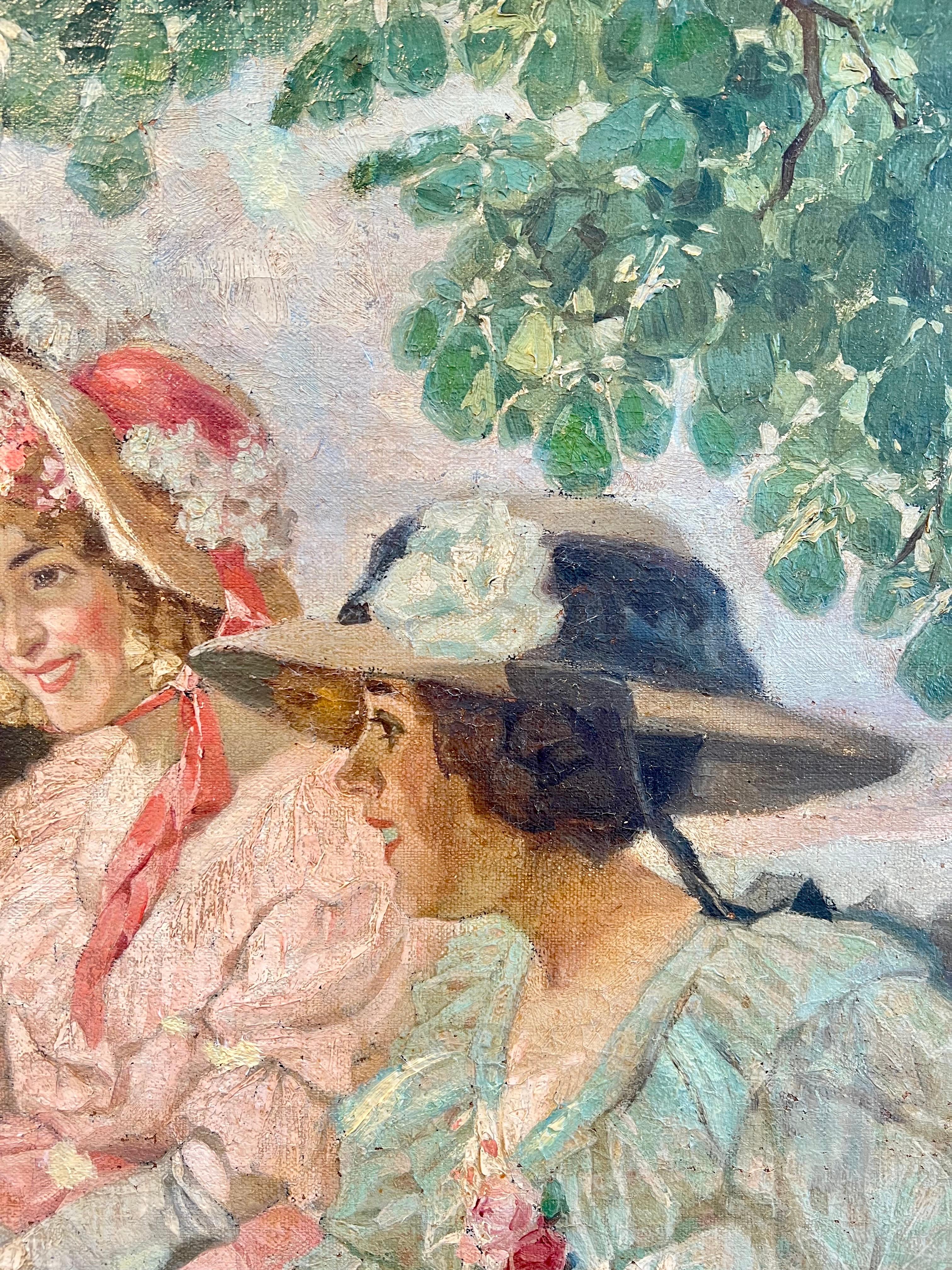 Romantisches Gemälde mit der Darstellung eines friedlichen Beisammenseins in einem Park von Rudolf Alfred Höger

Die elegant gekleideten Menschen genießen an einem sonnigen Sommertag ein köstliches 
