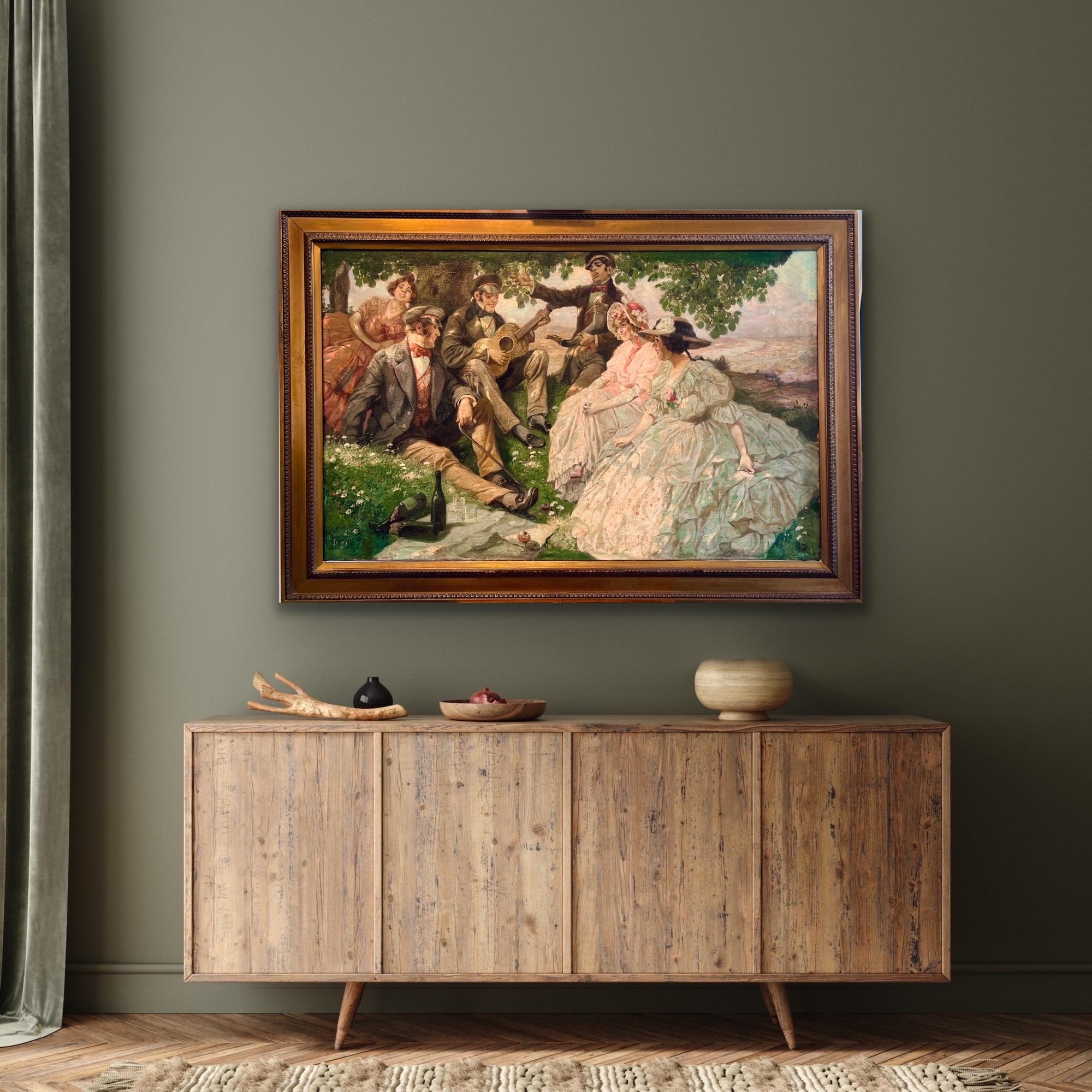 Huge 19th century painting - Musical picnic - Elegant Group in a landscape For Sale 2