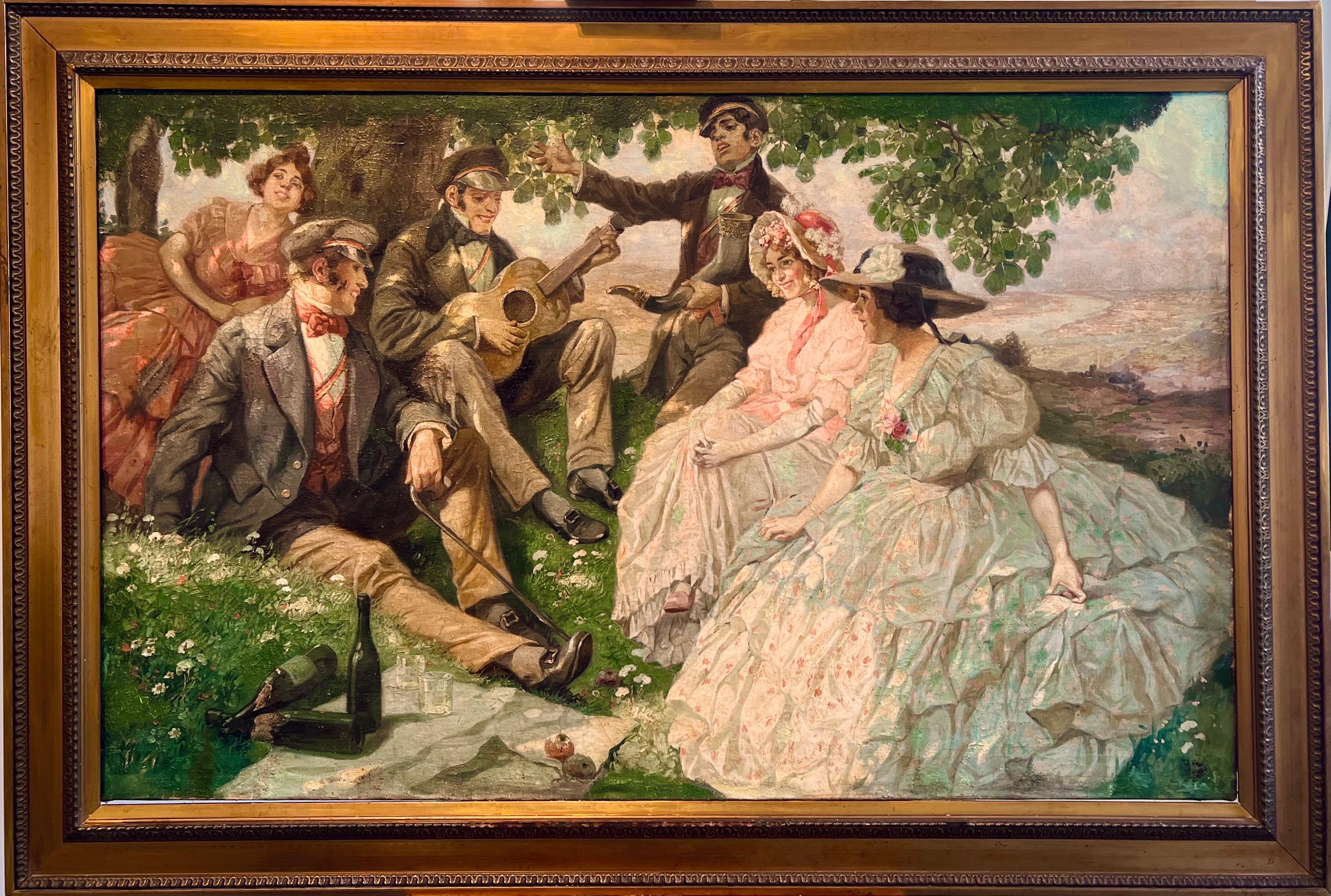 Rudolf Alfred Hoger Landscape Painting - Huge 19th century painting - Musical picnic - Elegant Group in a landscape