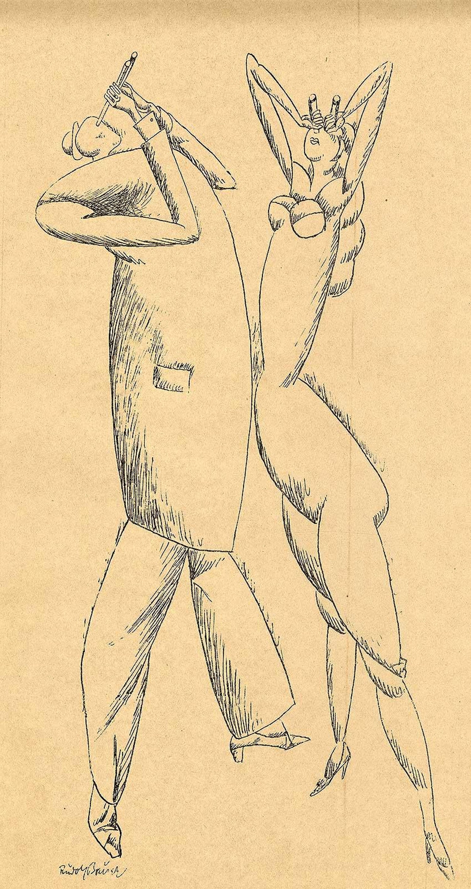 Rudolf Bauer - Couple looking through binoculars (man and woman look  skyward toward the stars) at 1stDibs