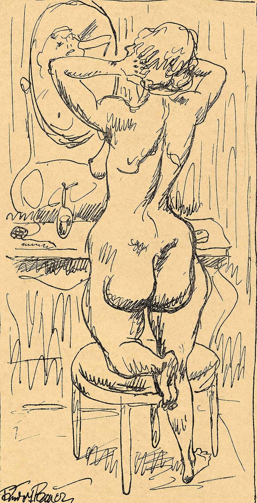 Rudolf Bauer Interior Print - Nude in a Mirror (voluptuous nude woman leg on stool admires herself in mirror)