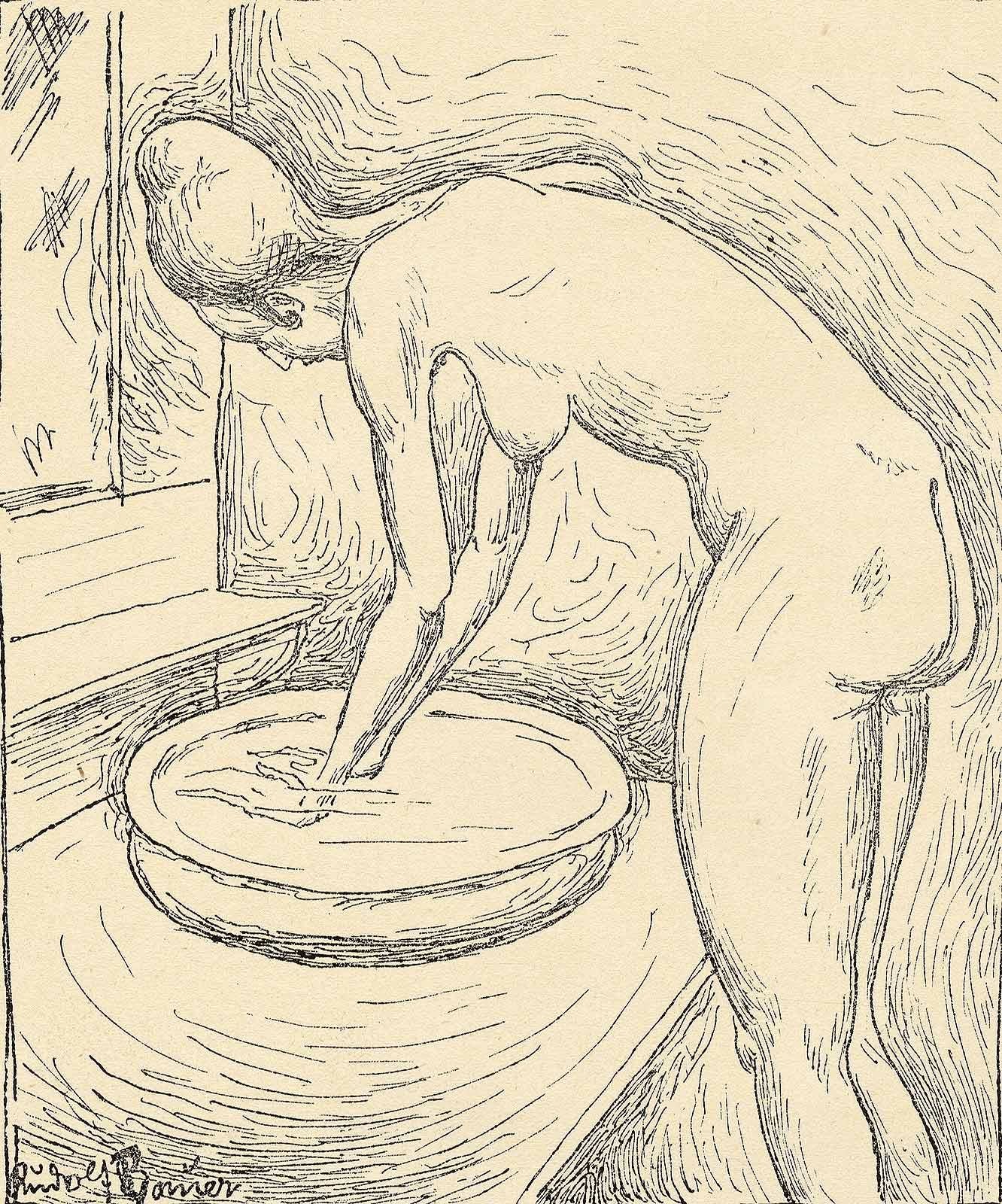 Rudolf Bauer Interior Print - Nude Washing at Basin