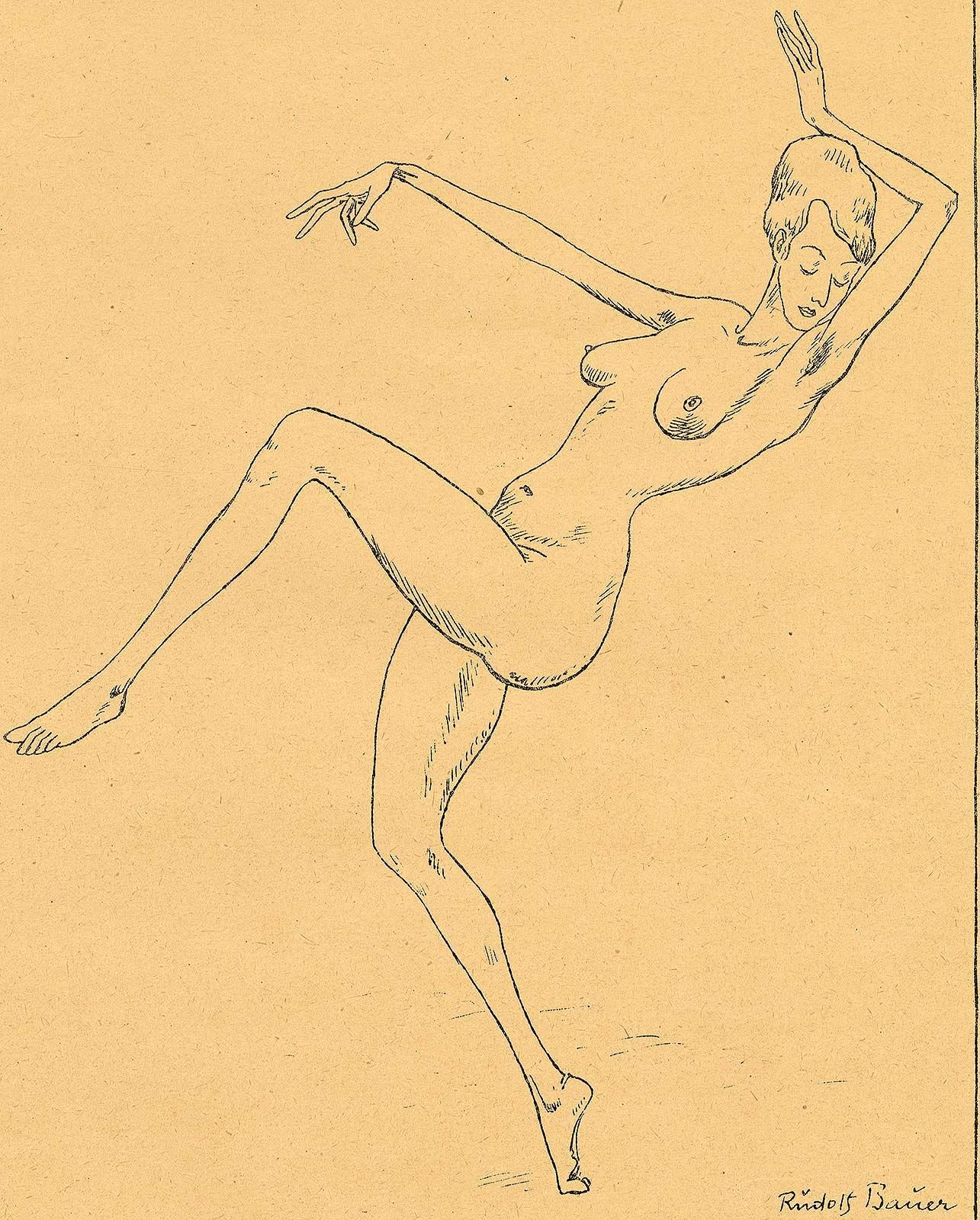 Rudolf Bauer Nude Print - Nude Woman Dancing (nude dancer kicks out one leg. raises arms in sensual dance)