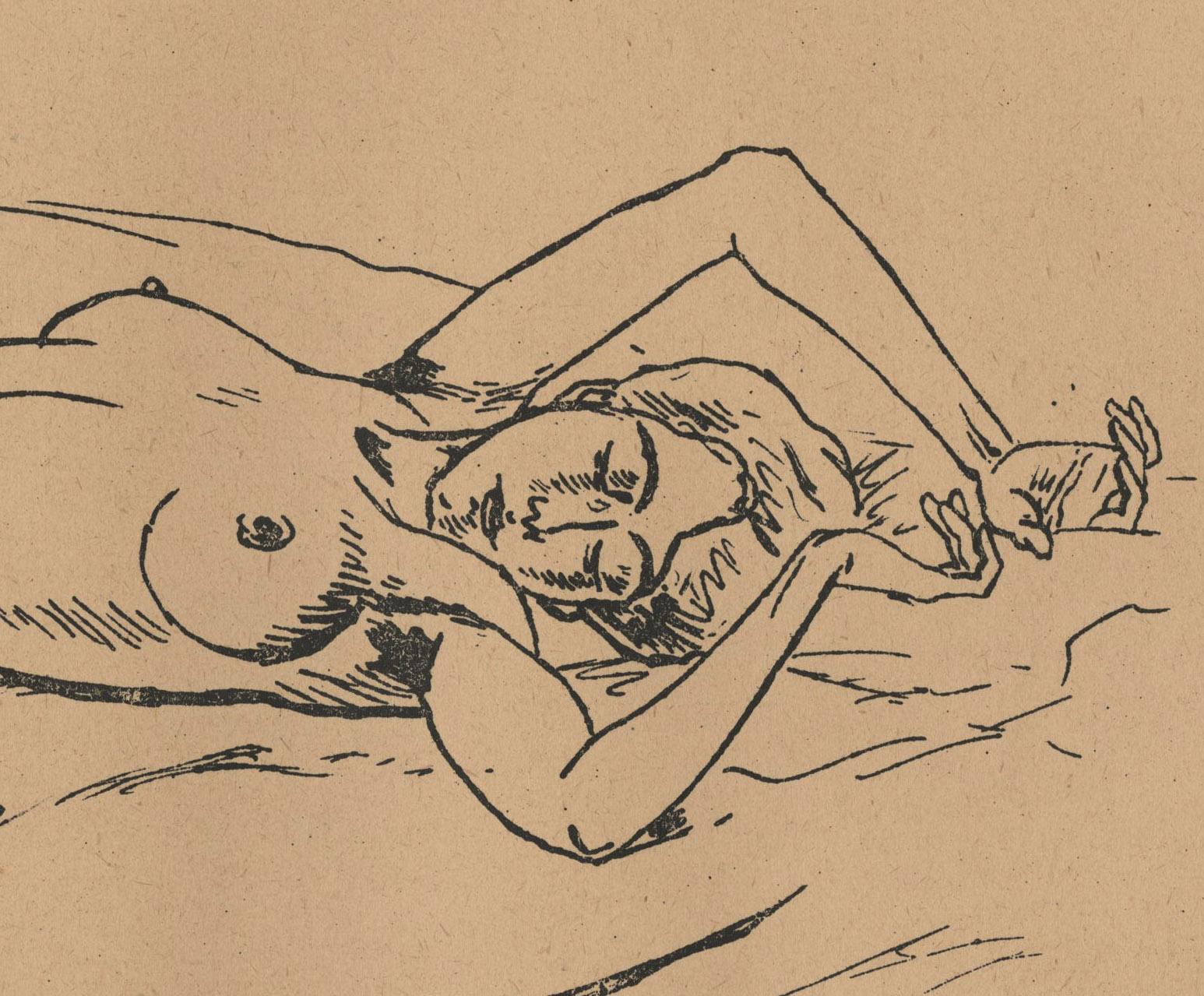 Liegender Akt auf Bett – Print von Rudolf Bauer