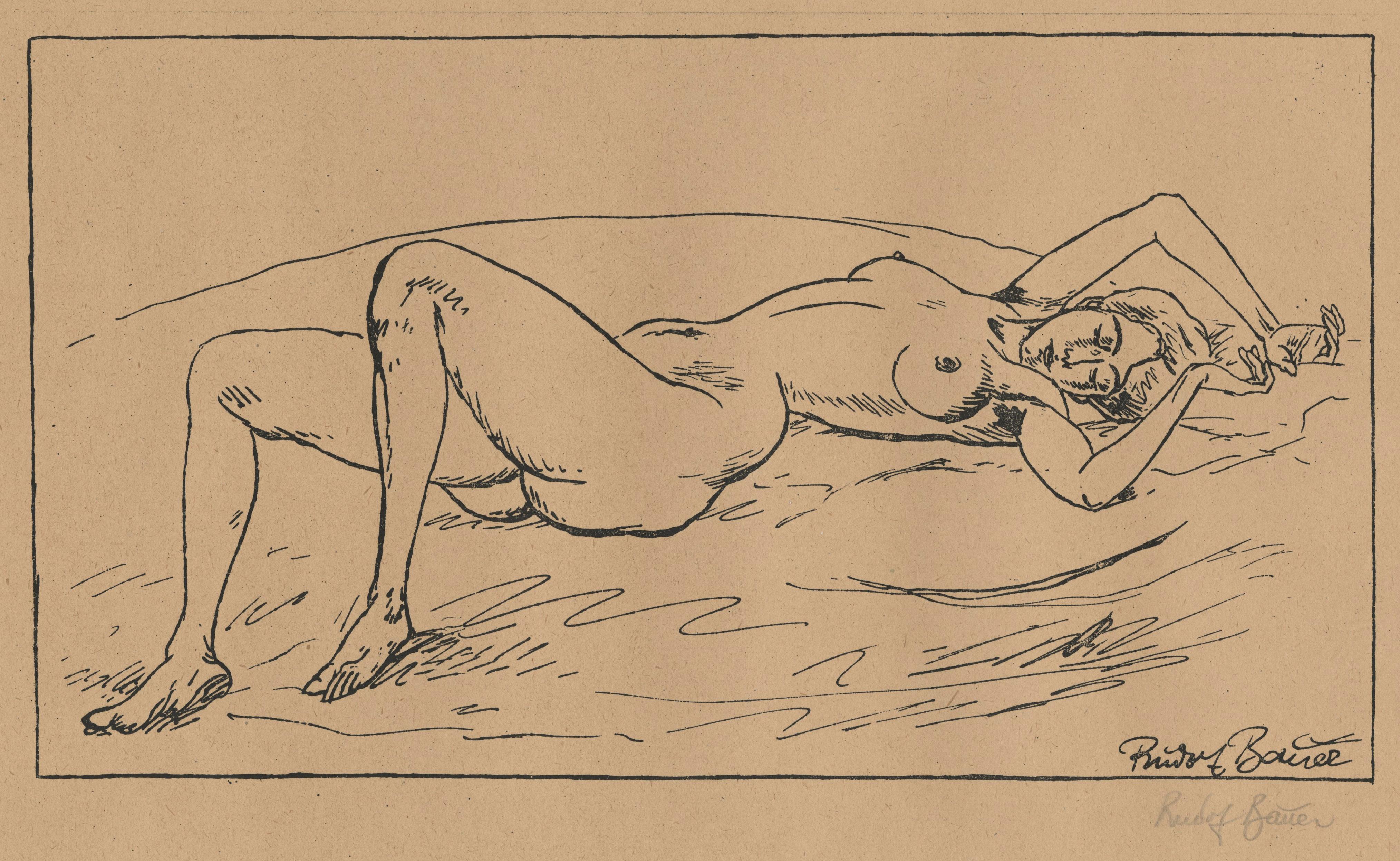 Rudolf Bauer Nude Print – Liegender Akt auf Bett