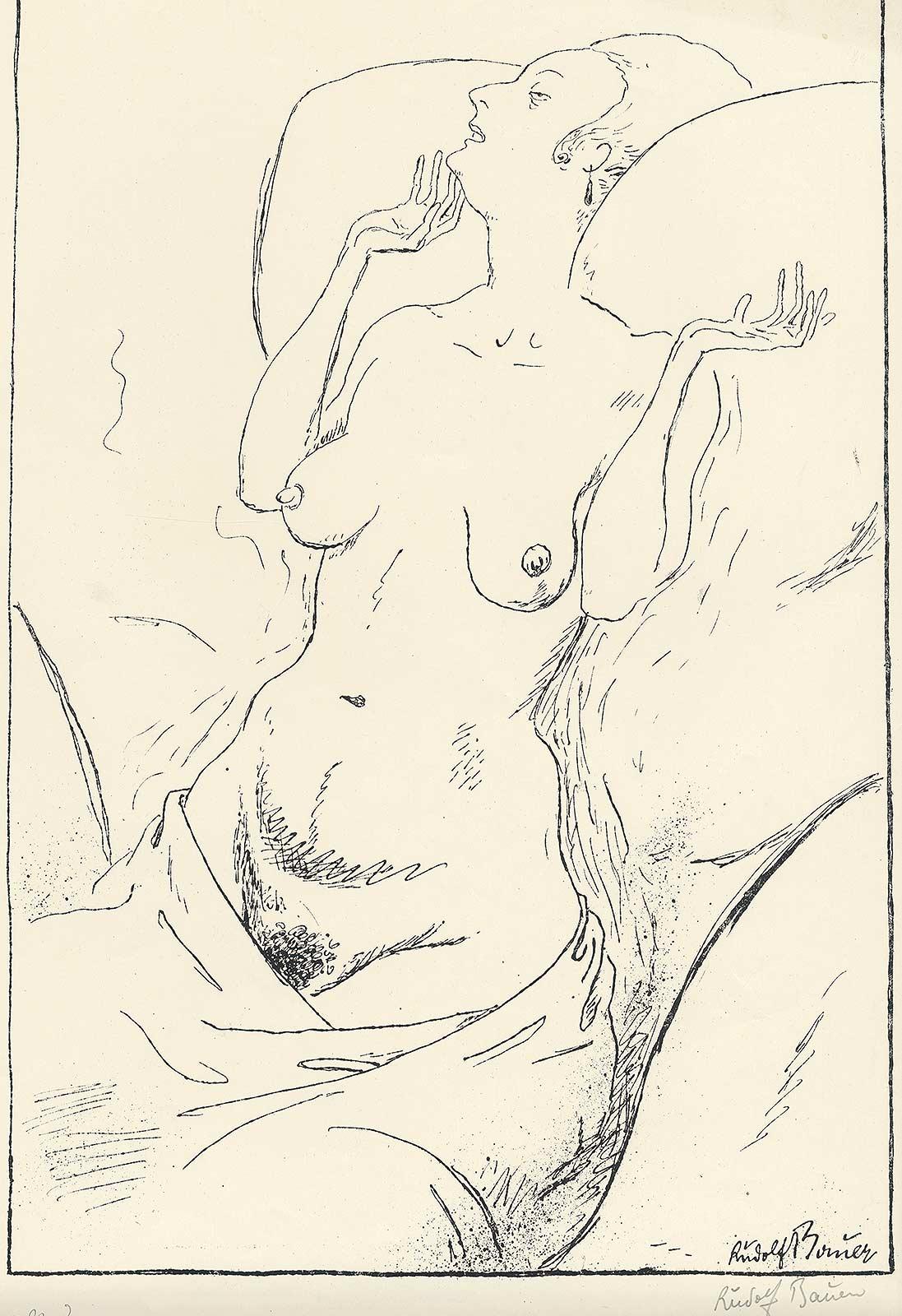 topless arms raised