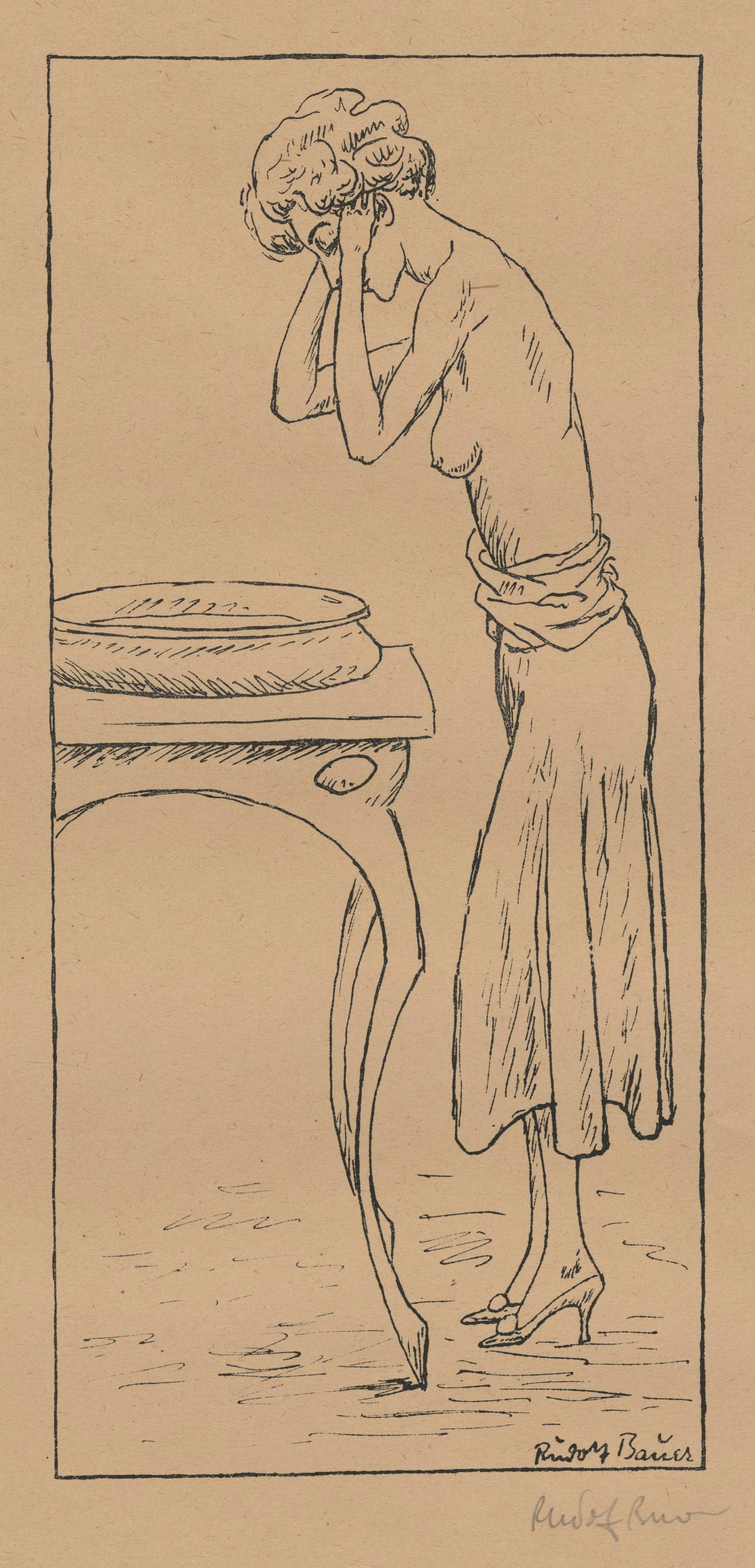 Rudolf Bauer Nude Print – Ohne Titel ( Junge Frau gewaschen)