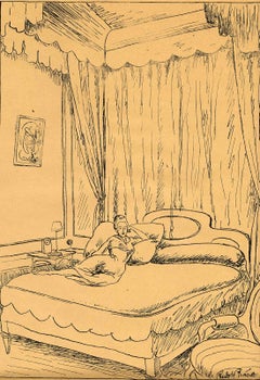 Antique Woman on a Bed (Woman lounges on a big draped bed with abstract oil on wall)