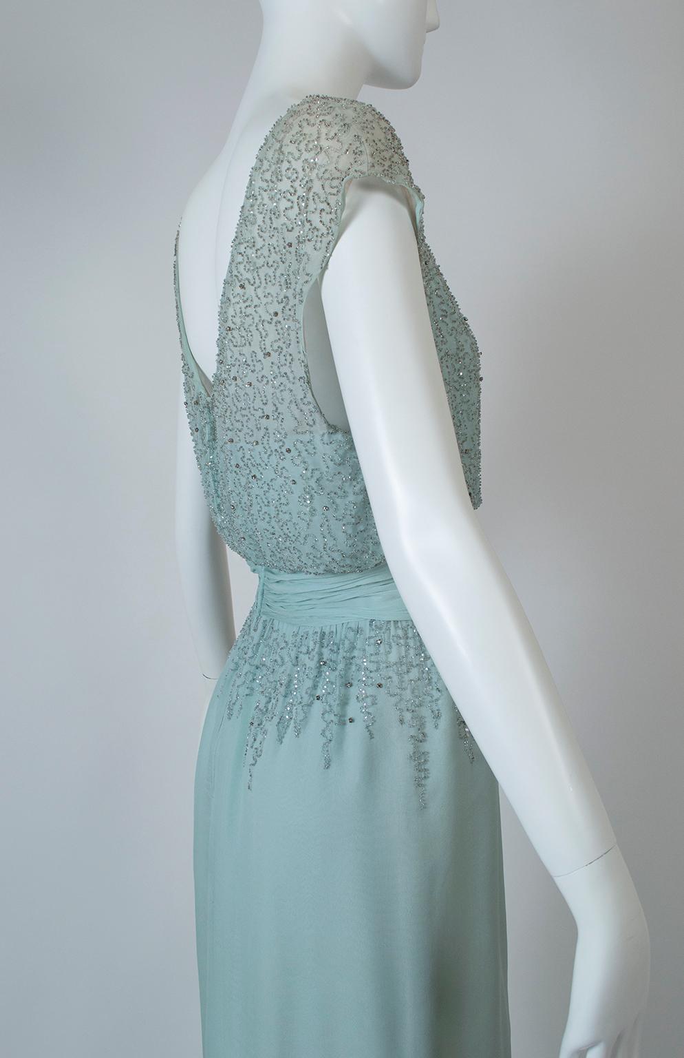 Gray Rudolf Pale Aqua Bead and Crystal Plunge-Back Blouson Cocktail Dress - M, 1950s For Sale
