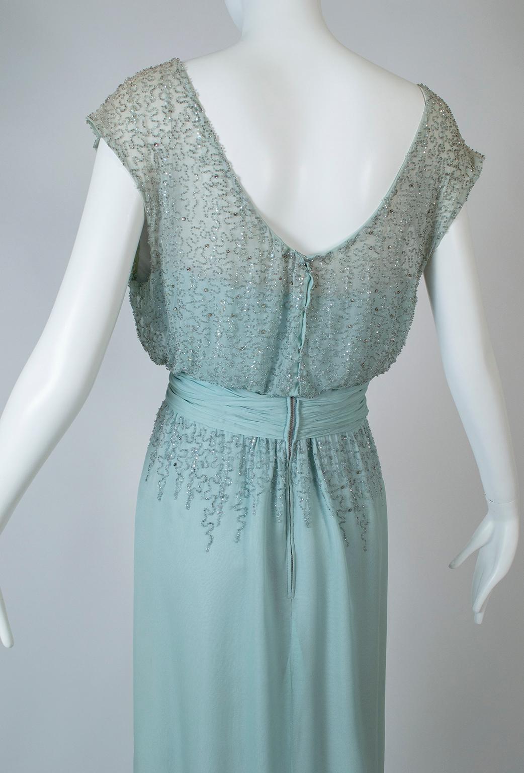 Rudolf Pale Aqua Bead and Crystal Plunge-Back Blouson Cocktail Dress - M, 1950s In Good Condition For Sale In Tucson, AZ