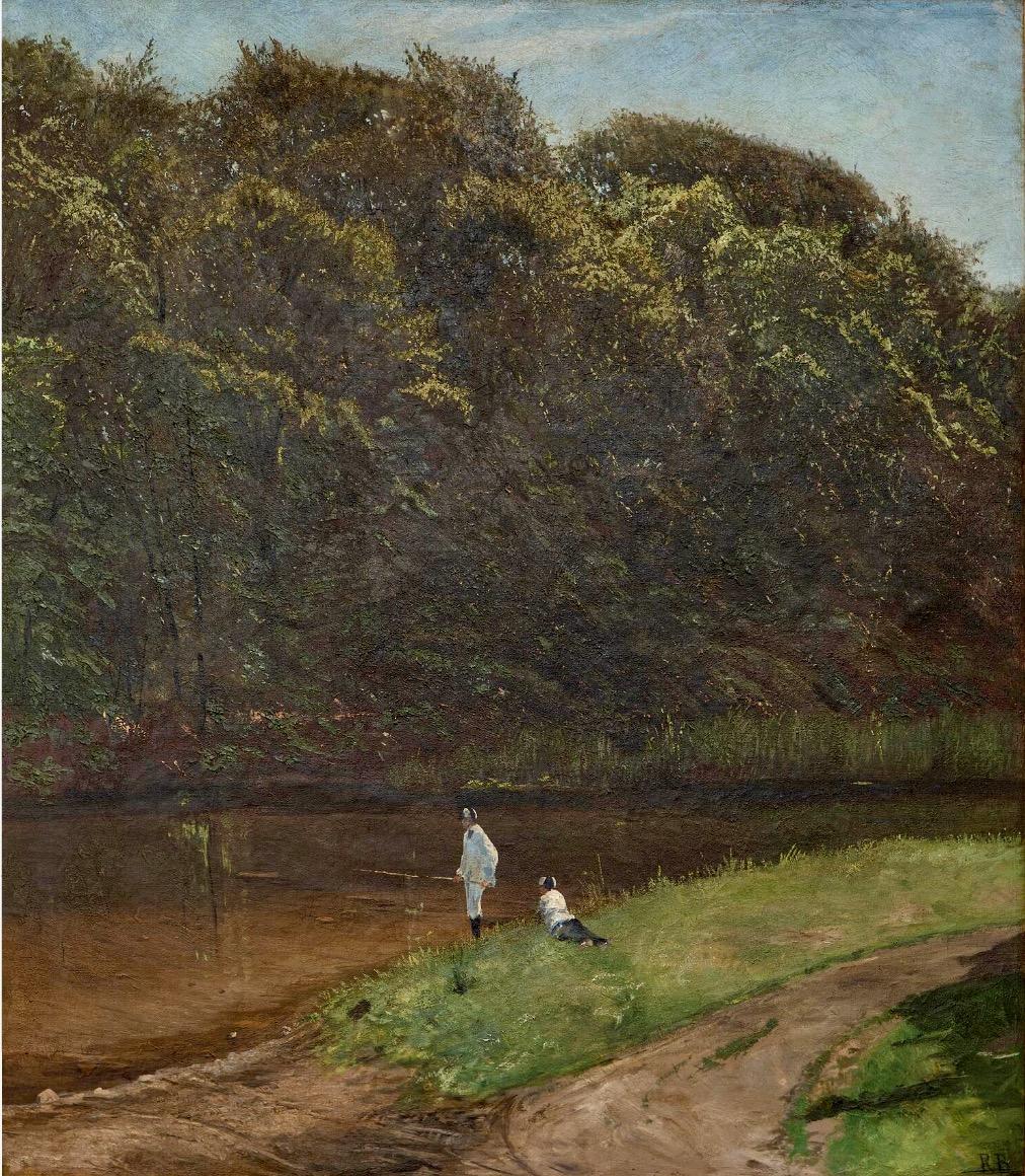 Boys From Herlufsholm Boarding School Fishing In a River. Oil on Canvas, 1894. - Painting by Rudolf Bertelsen