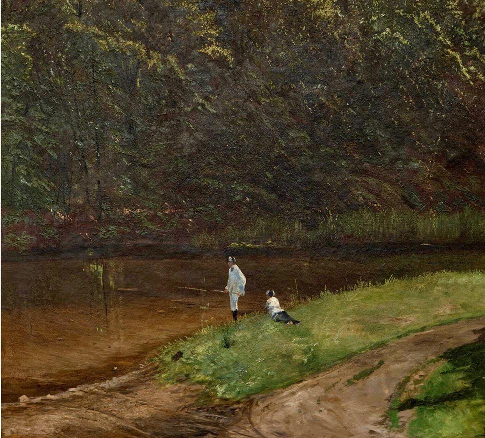 A charming painting by Rudolf Bertelsen (1828 - 1921) of two boys from the Herlufsholm Boarding School, dressed in their school uniforms, fishing on a sunny summer day, in the river Susån, which is located right next to the school.  Oil on canvas.