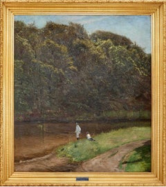 Antique Boys From Herlufsholm Boarding School Fishing In a River. Oil on Canvas, 1894.