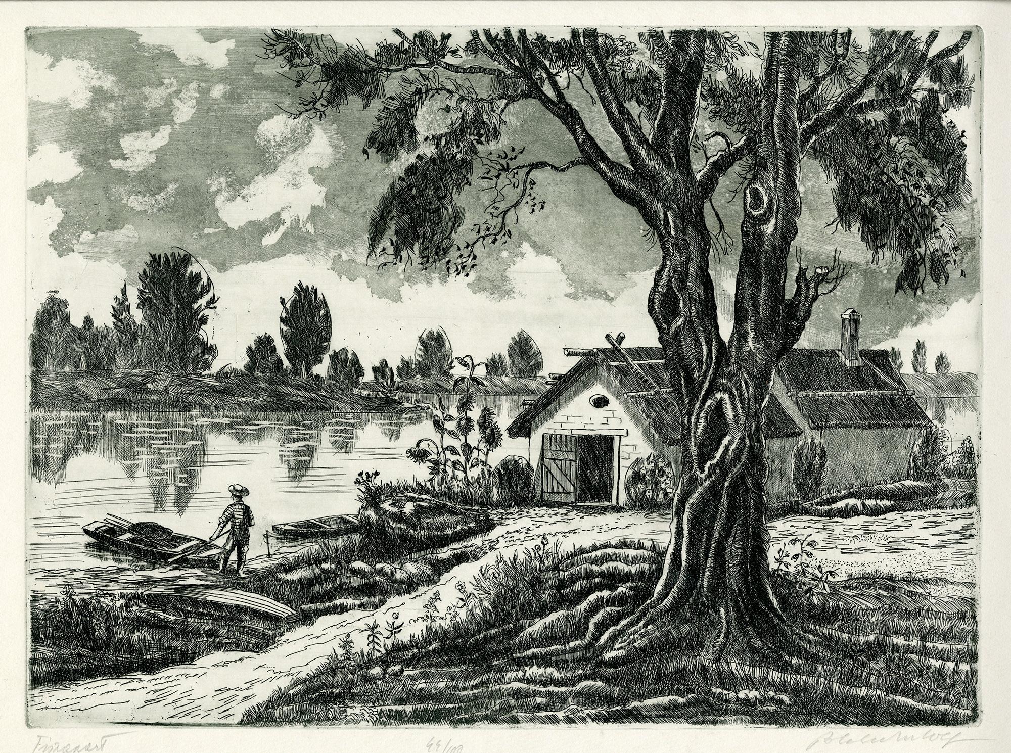 Rudolf Blahos Figurative Print - Boathouse along the Tisza River; Tiszlapart