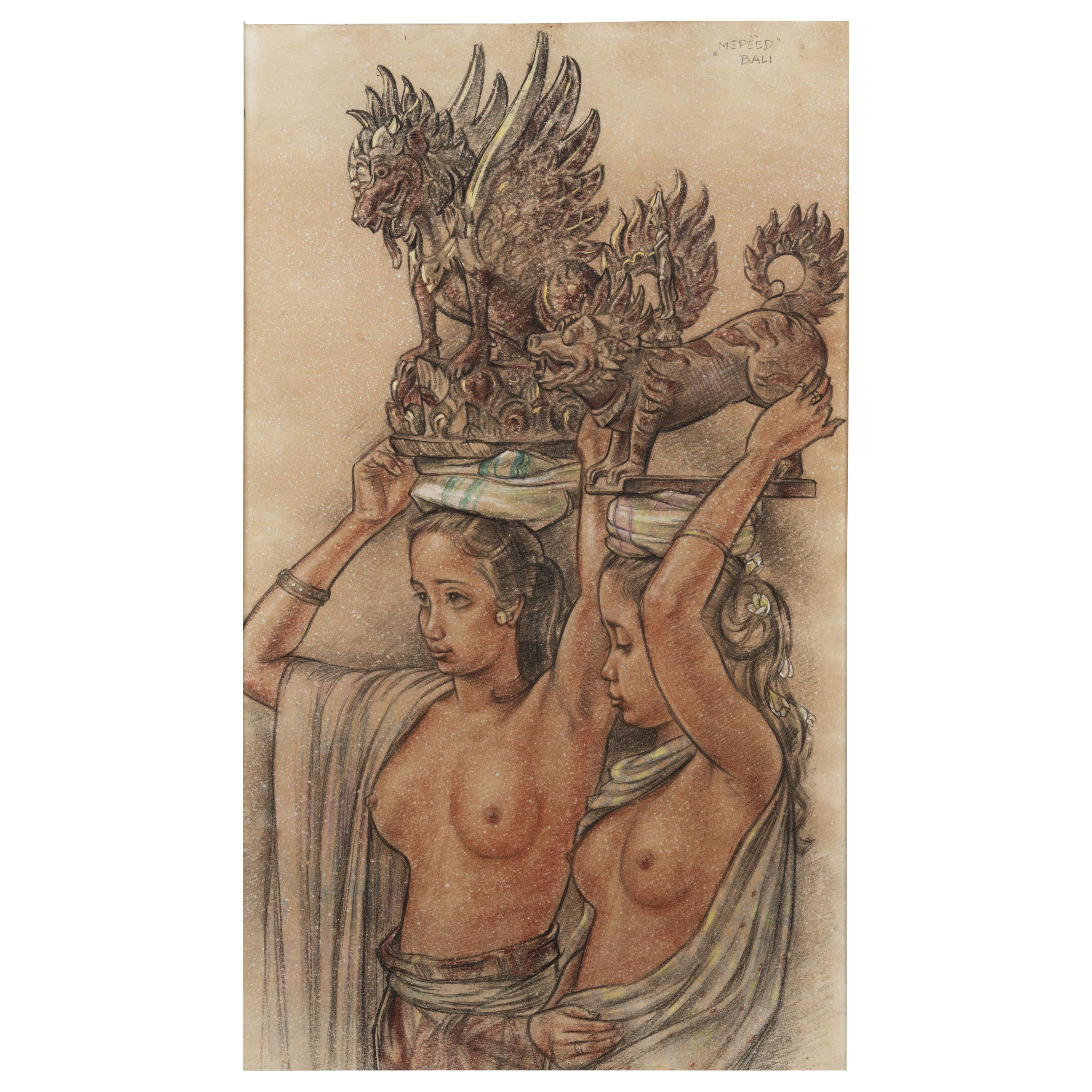 Rudolf Bonnet, Colonial Drawing of Two Balinese Beauties, circa 1945