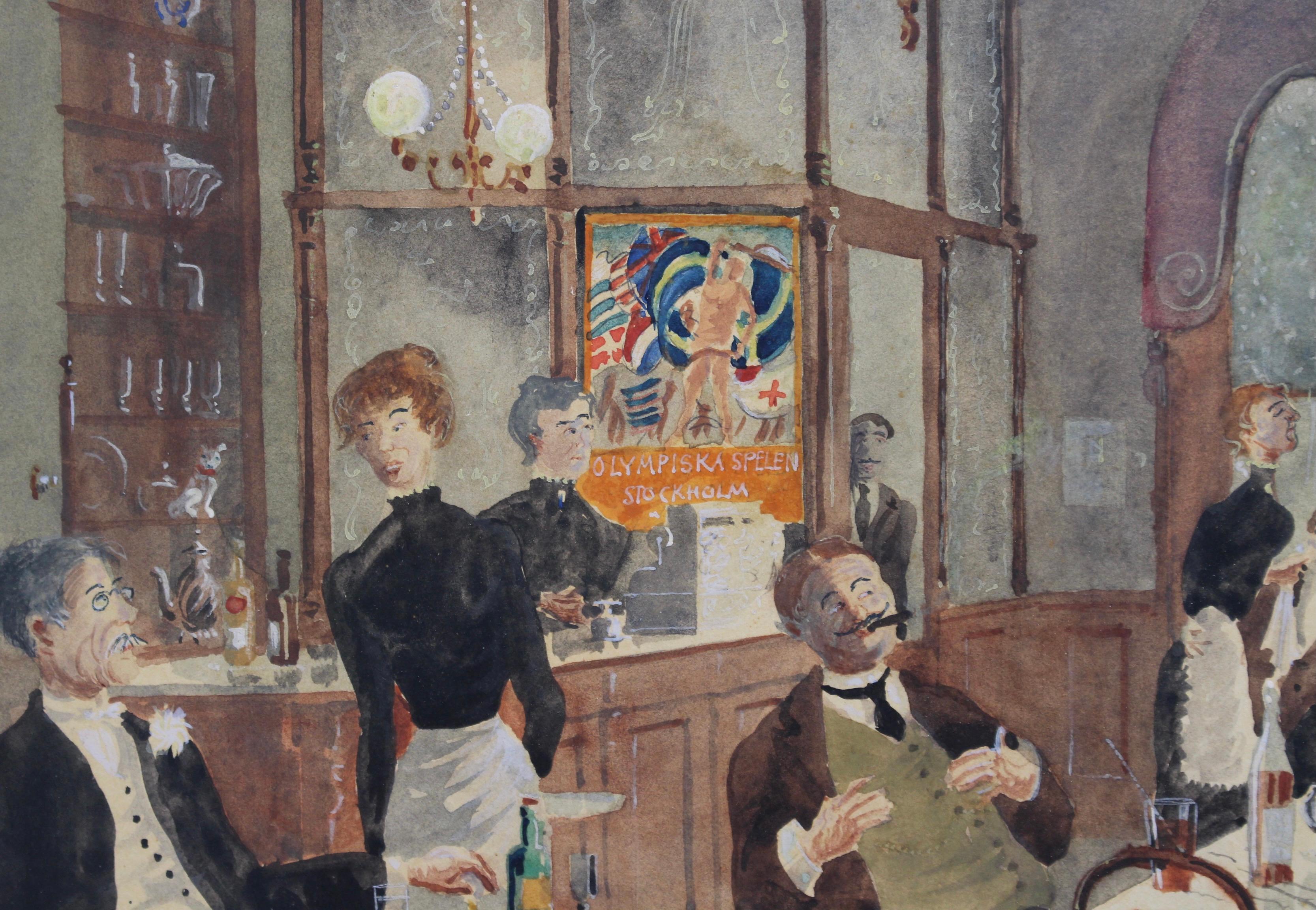 'Stockholm Restaurant and Café', gouache on art paper, by Rudolf Carlborg (1951). Although dated 1951, the scene depicted is closer to the turn of the 20th century. The clothing worn by the customers and staff, along with the poster for the 1912