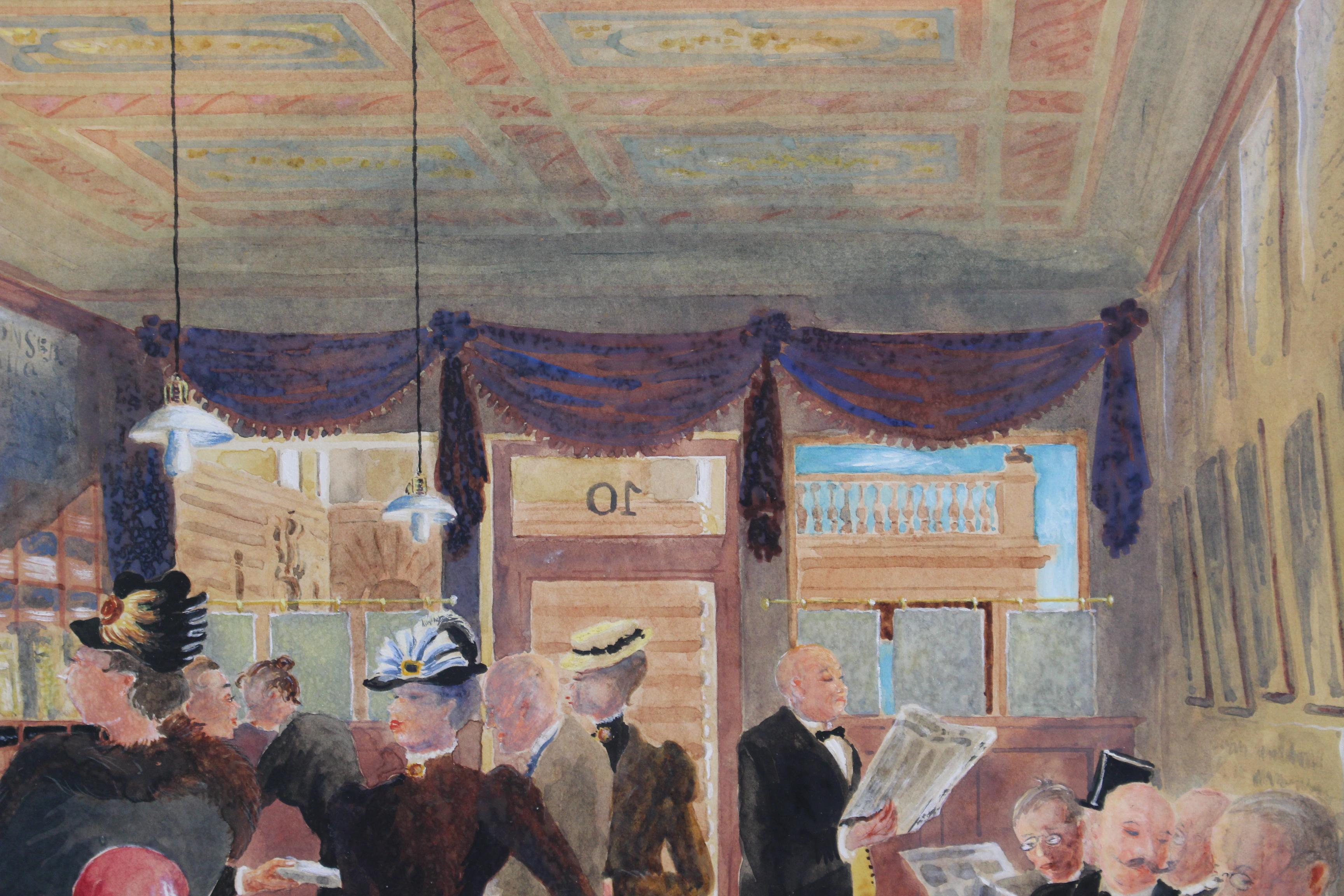 Sunday Morning at the News Agent Stockholm - Brown Figurative Painting by Rudolf Carlborg