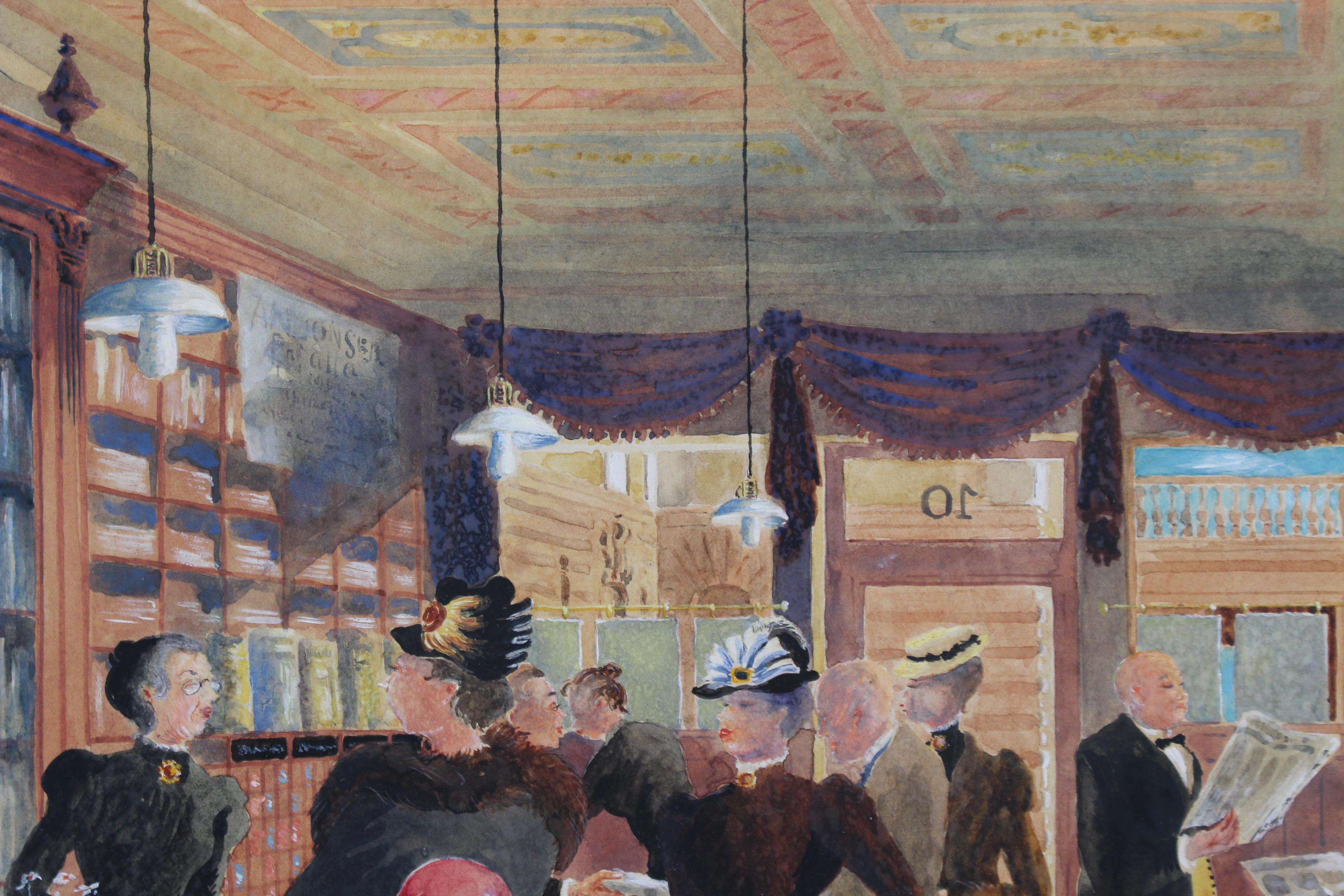 'Sunday Morning at the News Agent Stockholm', gouache on art paper, by Rudolf Carlborg (1949). Although dated 1949, the scene depicted is closer to the turn of the 20th century. The clothing worn by the customers and staff, along with the decor hint