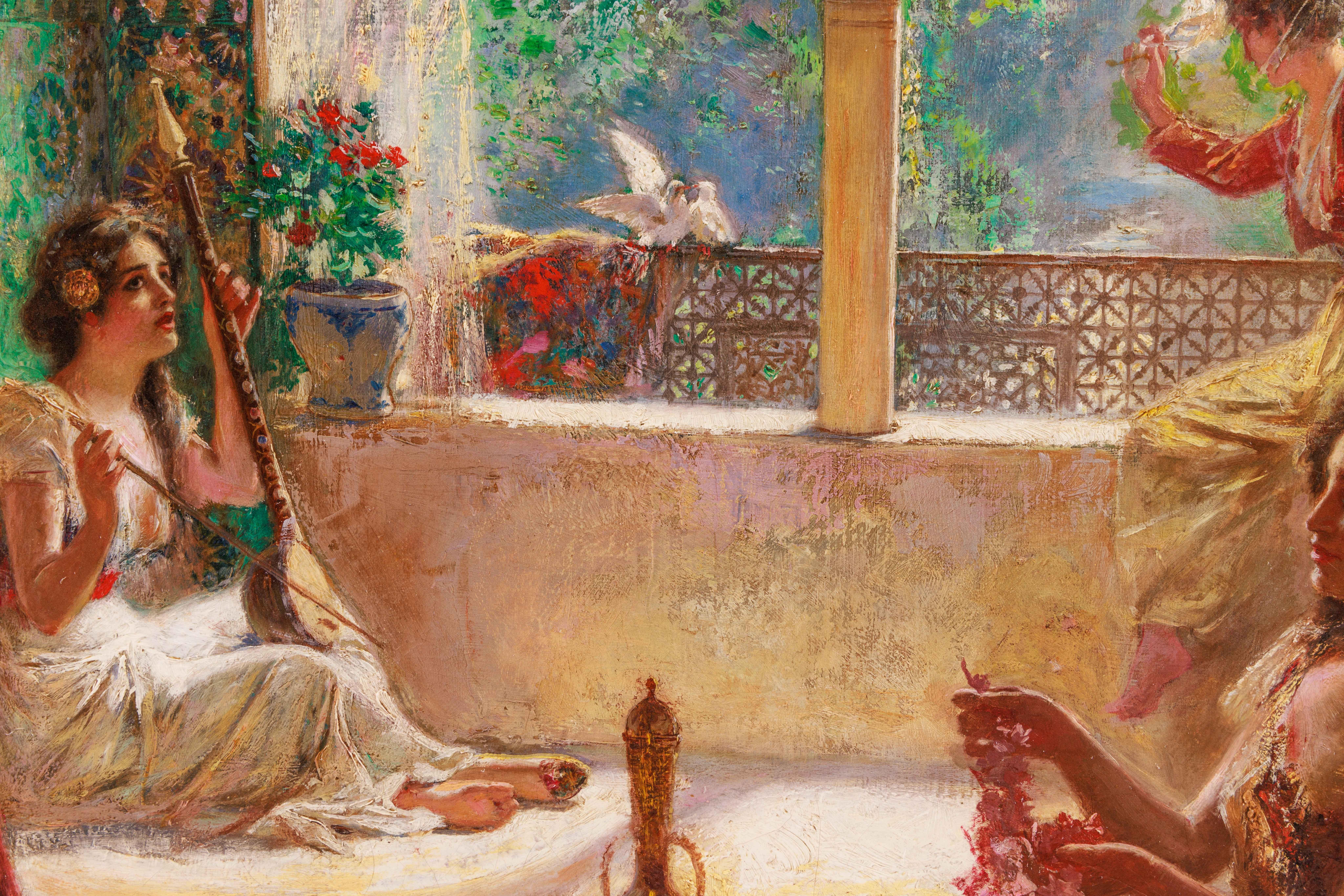 Peinture de chef-d'œuvre orientaliste italienne du 19ème siècle « Quatre femmes dans la cour »  en vente 15