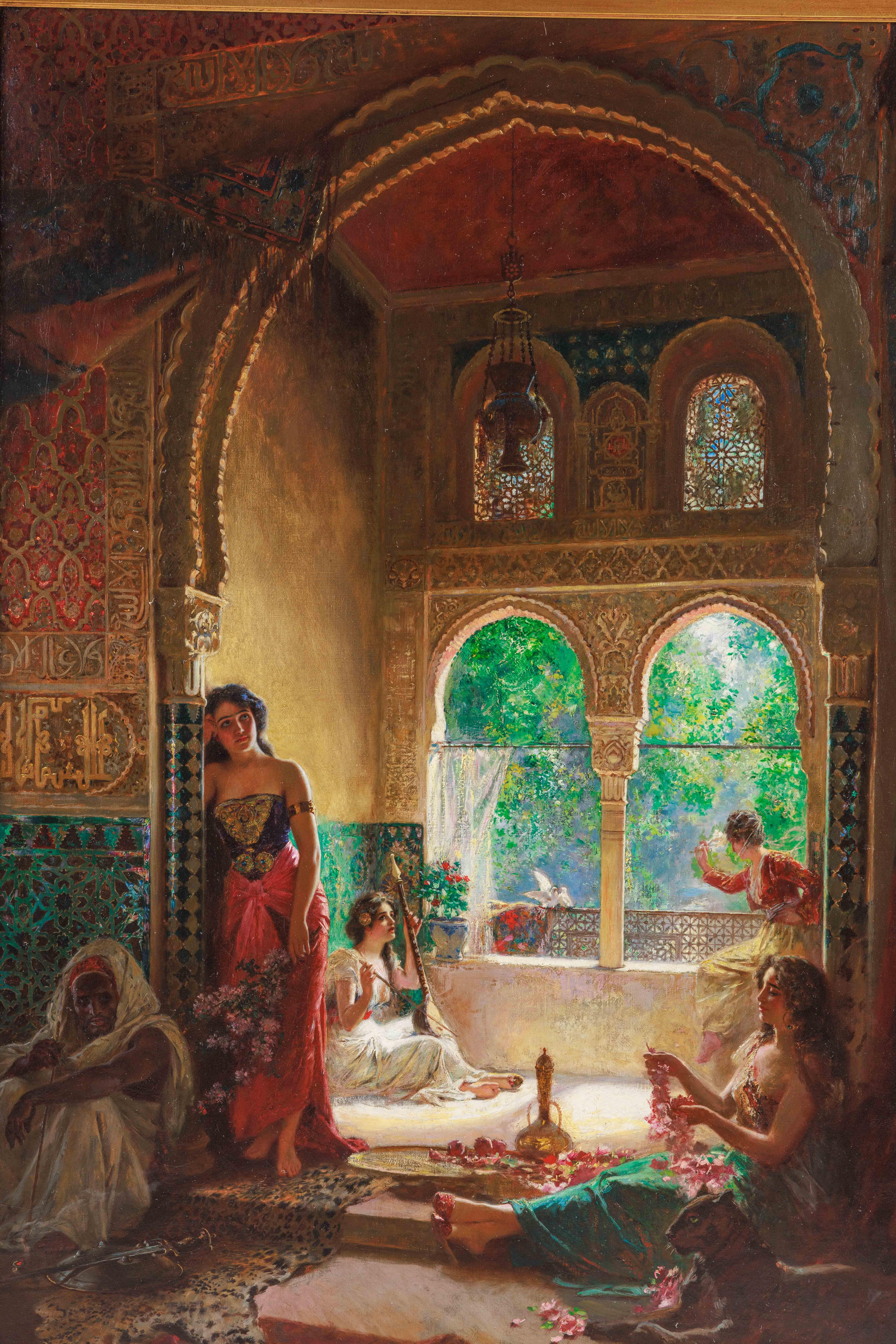 Peinture de chef-d'œuvre orientaliste italienne du 19ème siècle « Quatre femmes dans la cour » 