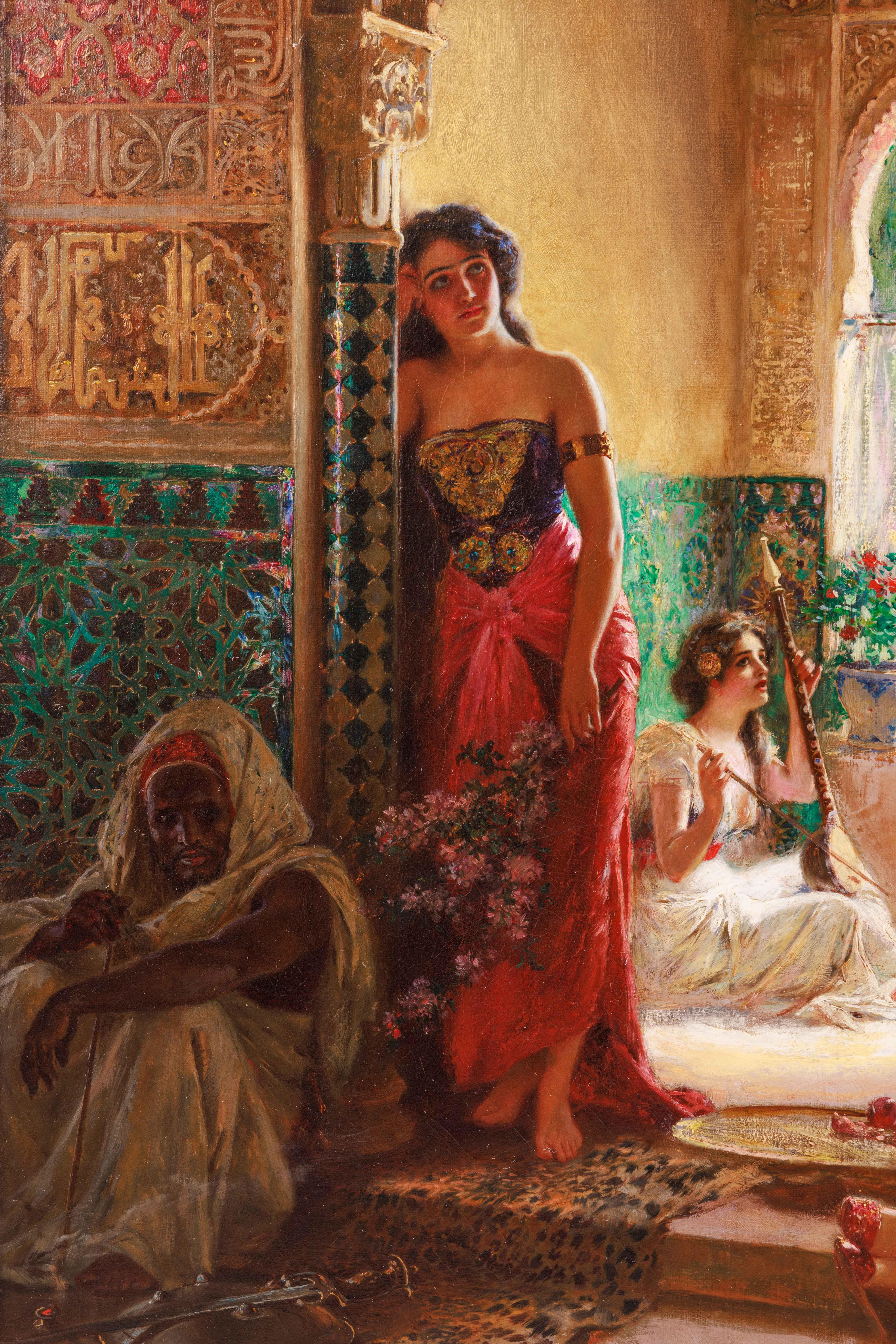 Peinture de chef-d'œuvre orientaliste italienne du 19ème siècle « Quatre femmes dans la cour »  - Marron Interior Painting par Rudolf Ernst
