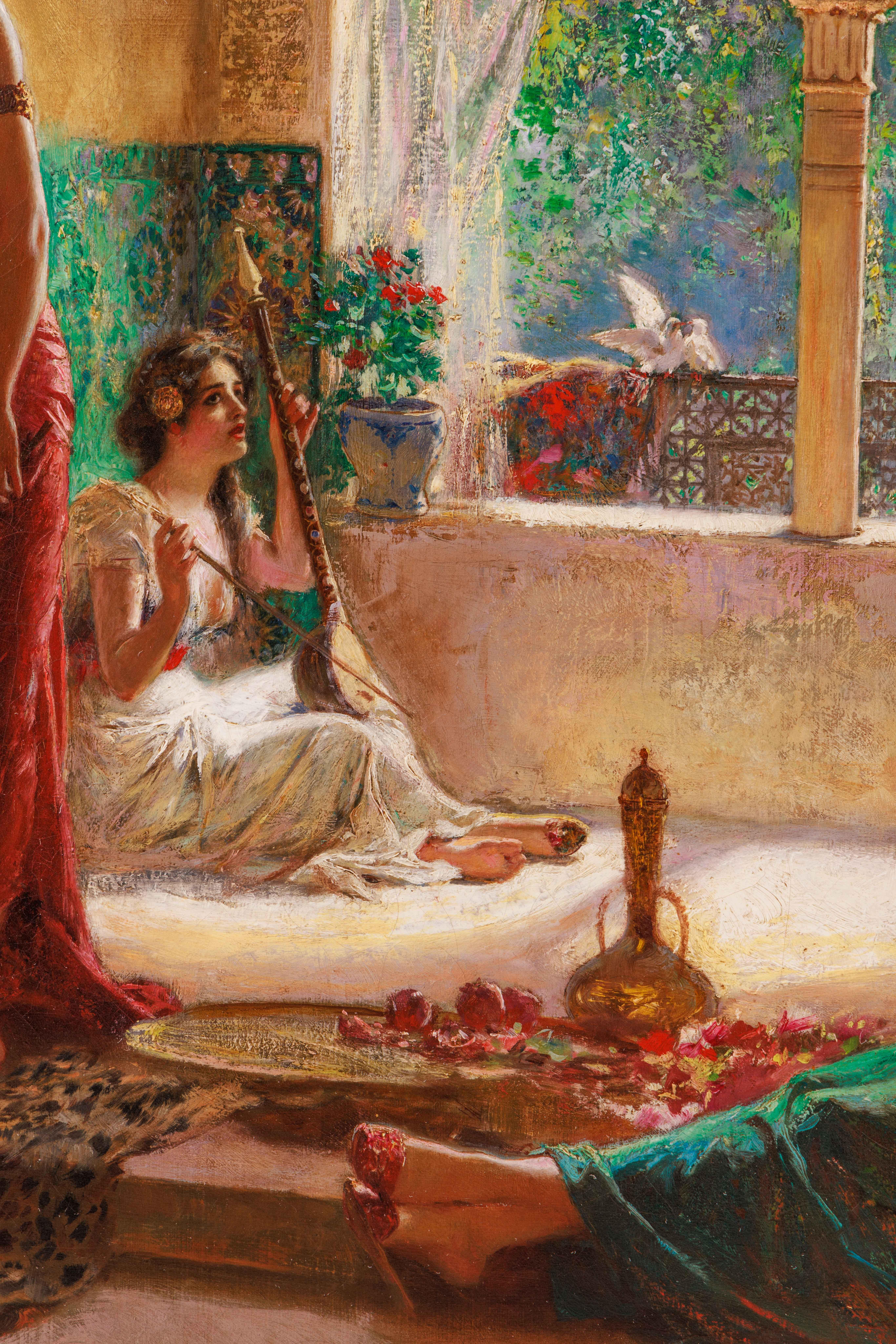 Peinture de chef-d'œuvre orientaliste italienne du 19ème siècle « Quatre femmes dans la cour »  en vente 1