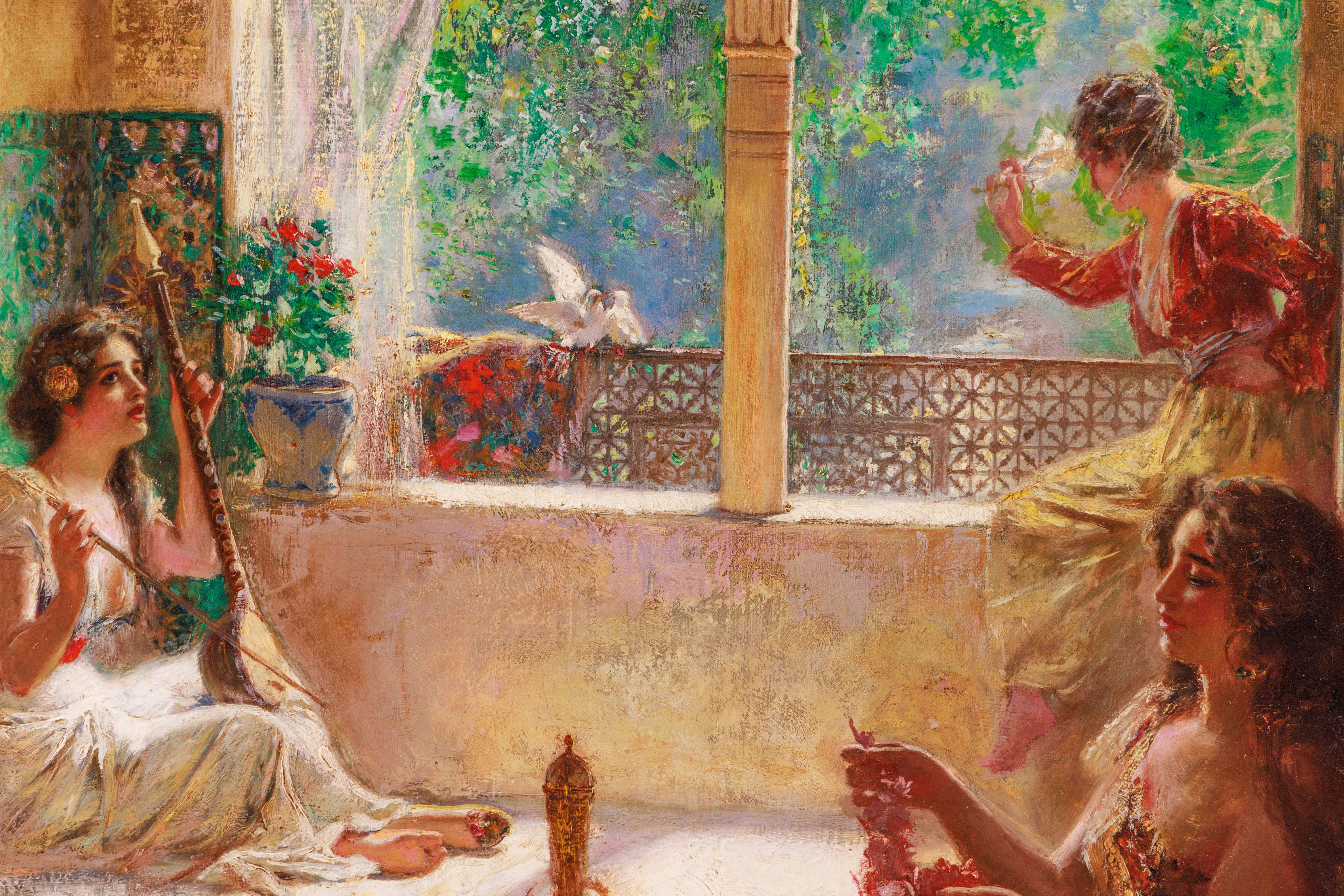 Peinture de chef-d'œuvre orientaliste italienne du 19ème siècle « Quatre femmes dans la cour »  en vente 2