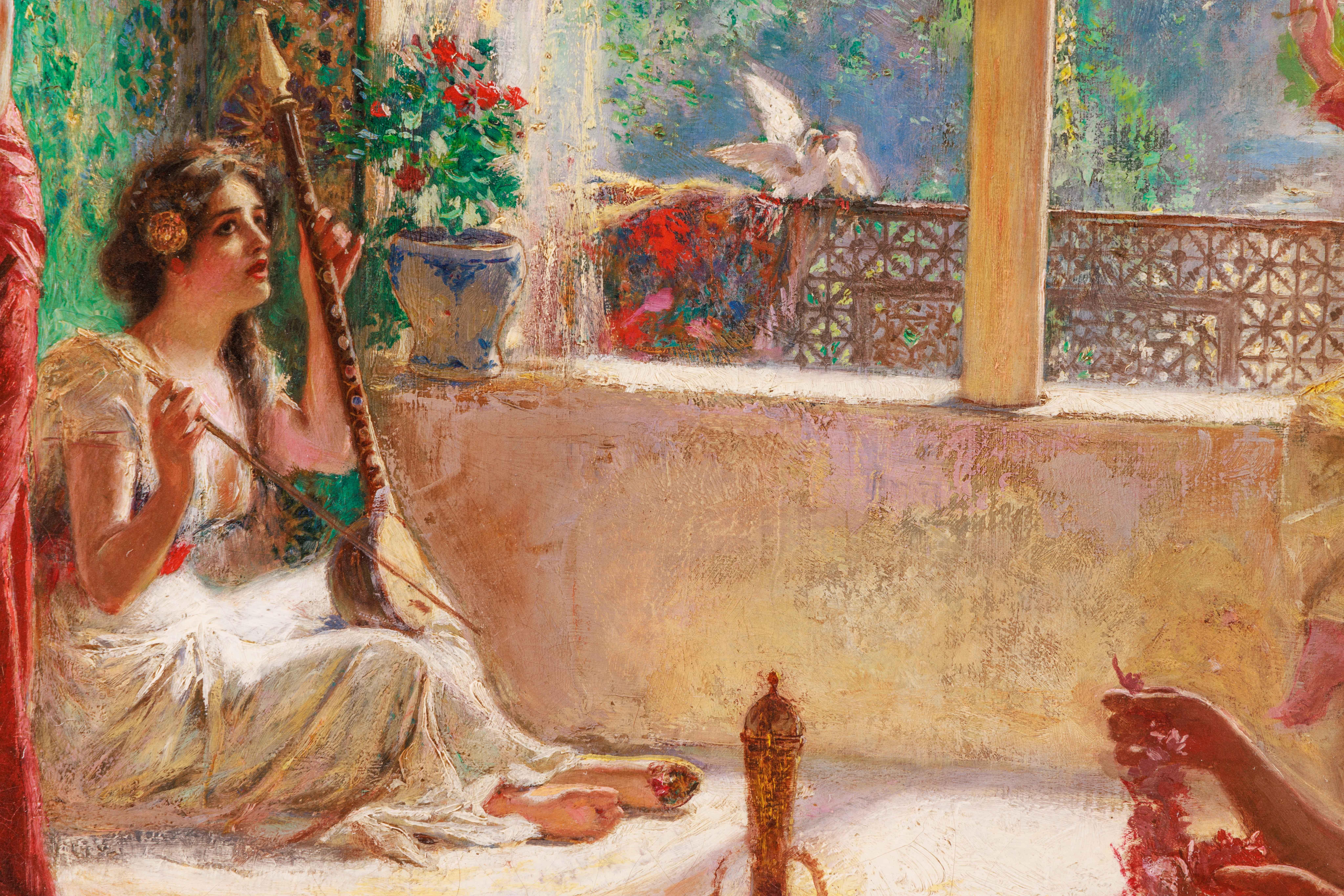 Peinture de chef-d'œuvre orientaliste italienne du 19ème siècle « Quatre femmes dans la cour »  en vente 4