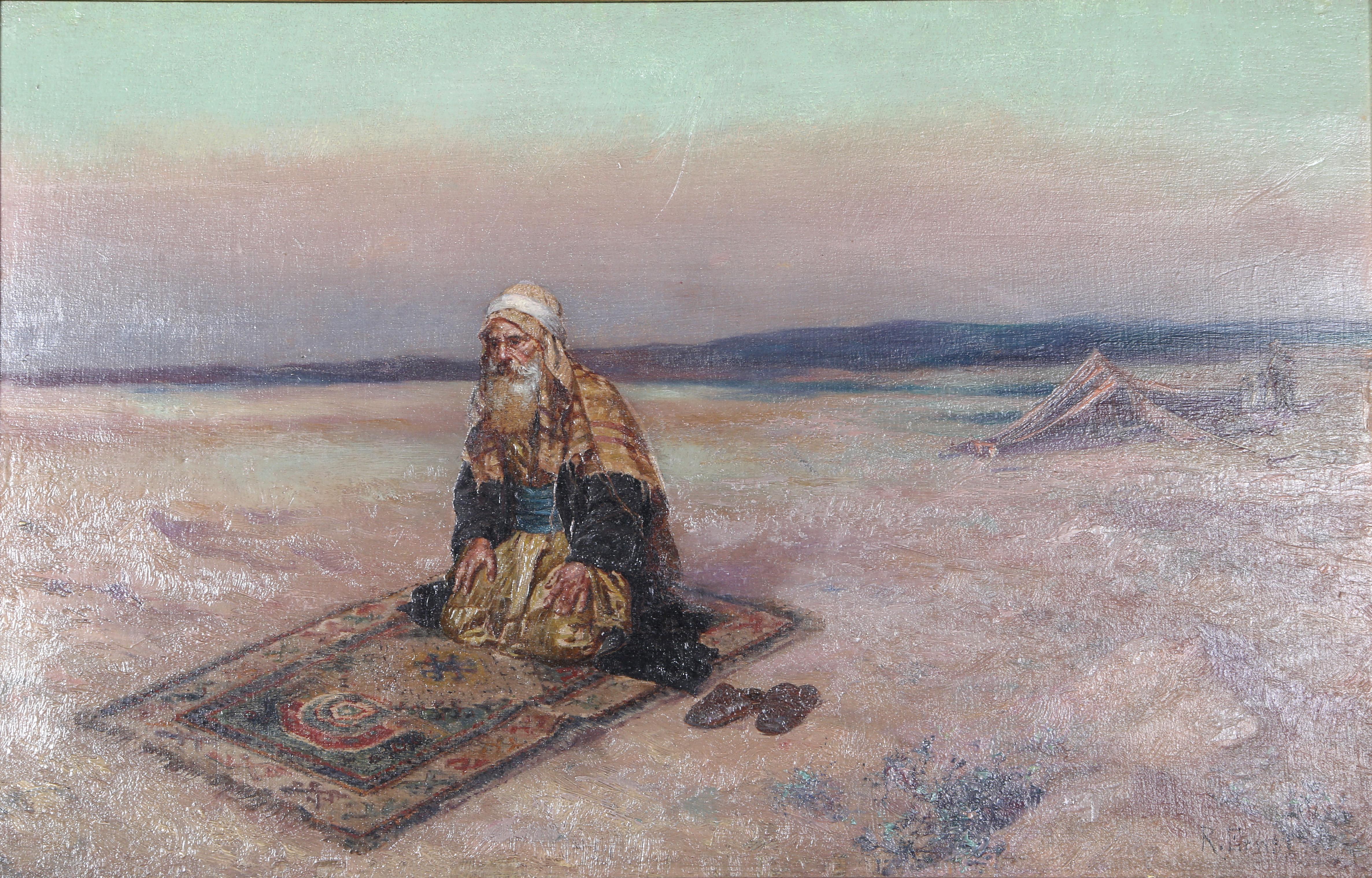 Beduino in preghiera, pittura a olio orientalista su pannello di Rudolf Ernst in vendita 1