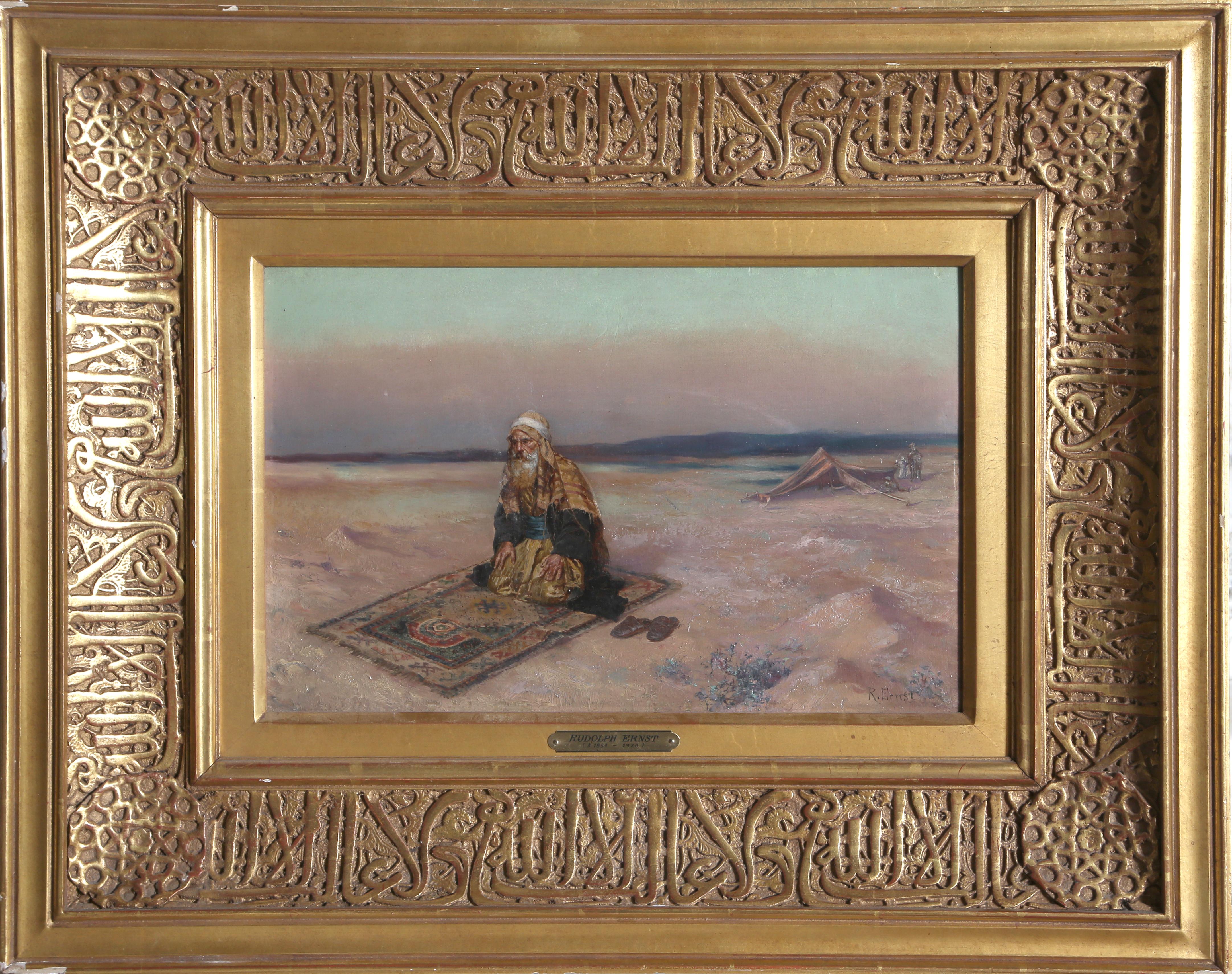 Beduino in preghiera, pittura a olio orientalista su pannello di Rudolf Ernst