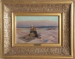 Beduino in preghiera, pittura a olio orientalista su pannello di Rudolf Ernst