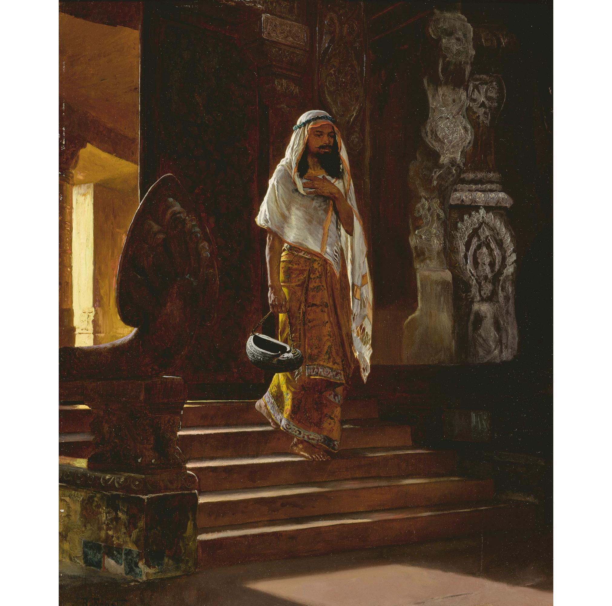 Rudolf Ernst

Austrian

1854 - 1932

A Dervish

 

signed R. Ernst lower left

oil on panel

Unframed: 55 by 45cm., 21¾ by 17¾in.

Framed: 90.8 by 81.5cm., 35¾ by 32in.

 

Dervishes in Islam were members of a Sufi fraternity, religious mendicants