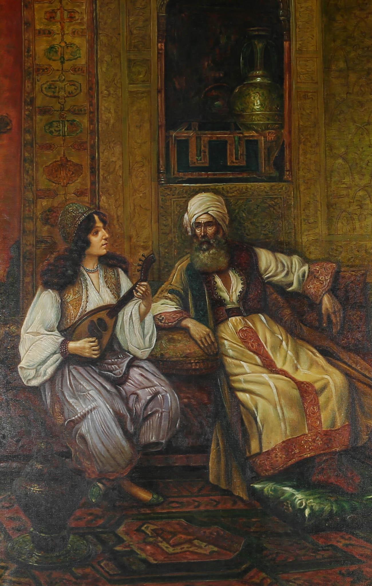 An incredibly detailed and finely executed portrait in the manner of Rudolf Ernst (1854-1932). The scene shows a young woman playing an oud or an elderly man as they sit in a lavish Arab interior with intricately patterned walls and carpets. The