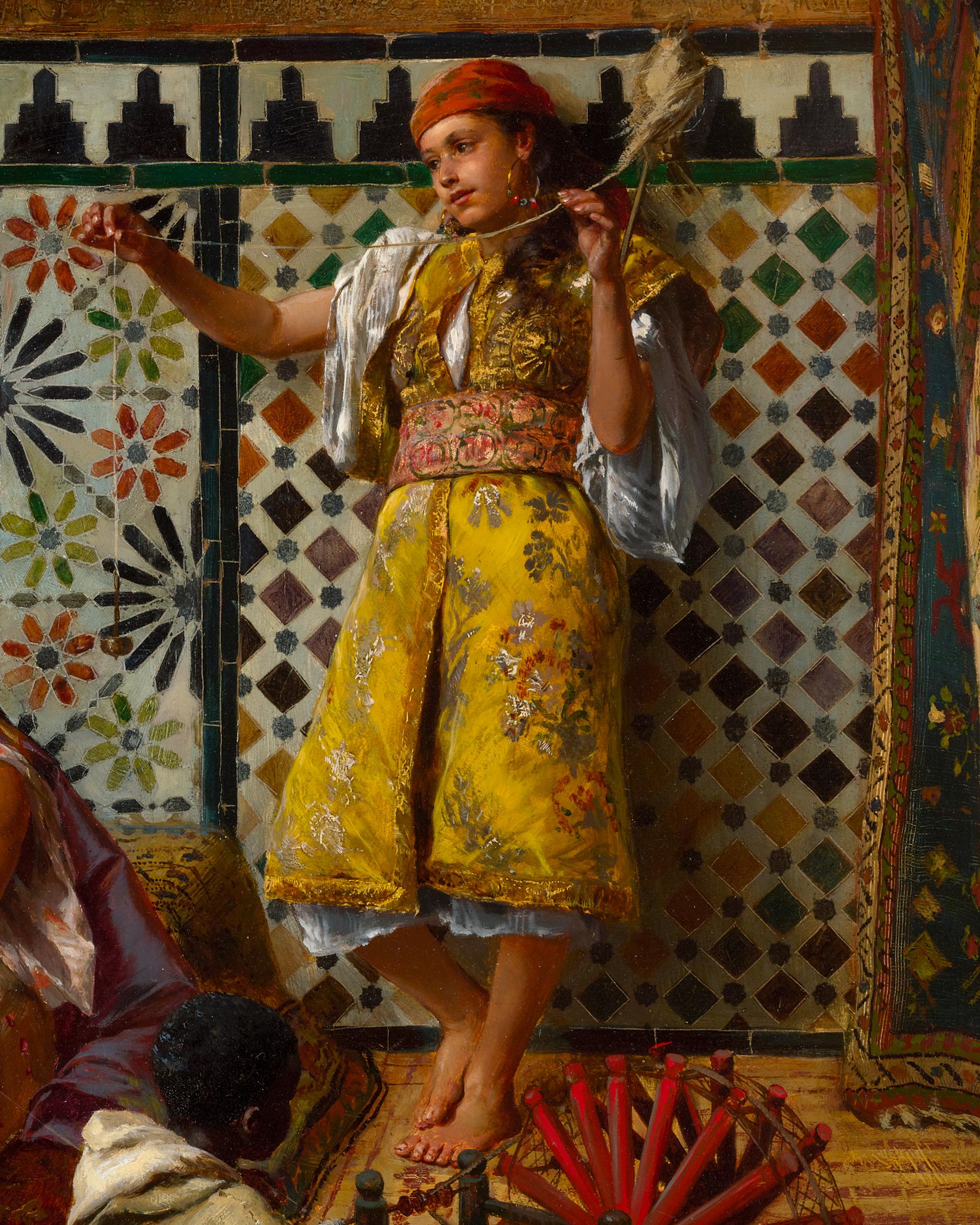 Rudolf Ernst
1854-1932  Austrian

Spinning Yarn

Signed and dated “R. Ernst 86” (lower right)
Oil on panel

Austro-French Orientalist painter Rudolf Ernst showcases his aptitude for the genre in this skillfully executed oil on panel. In it, two