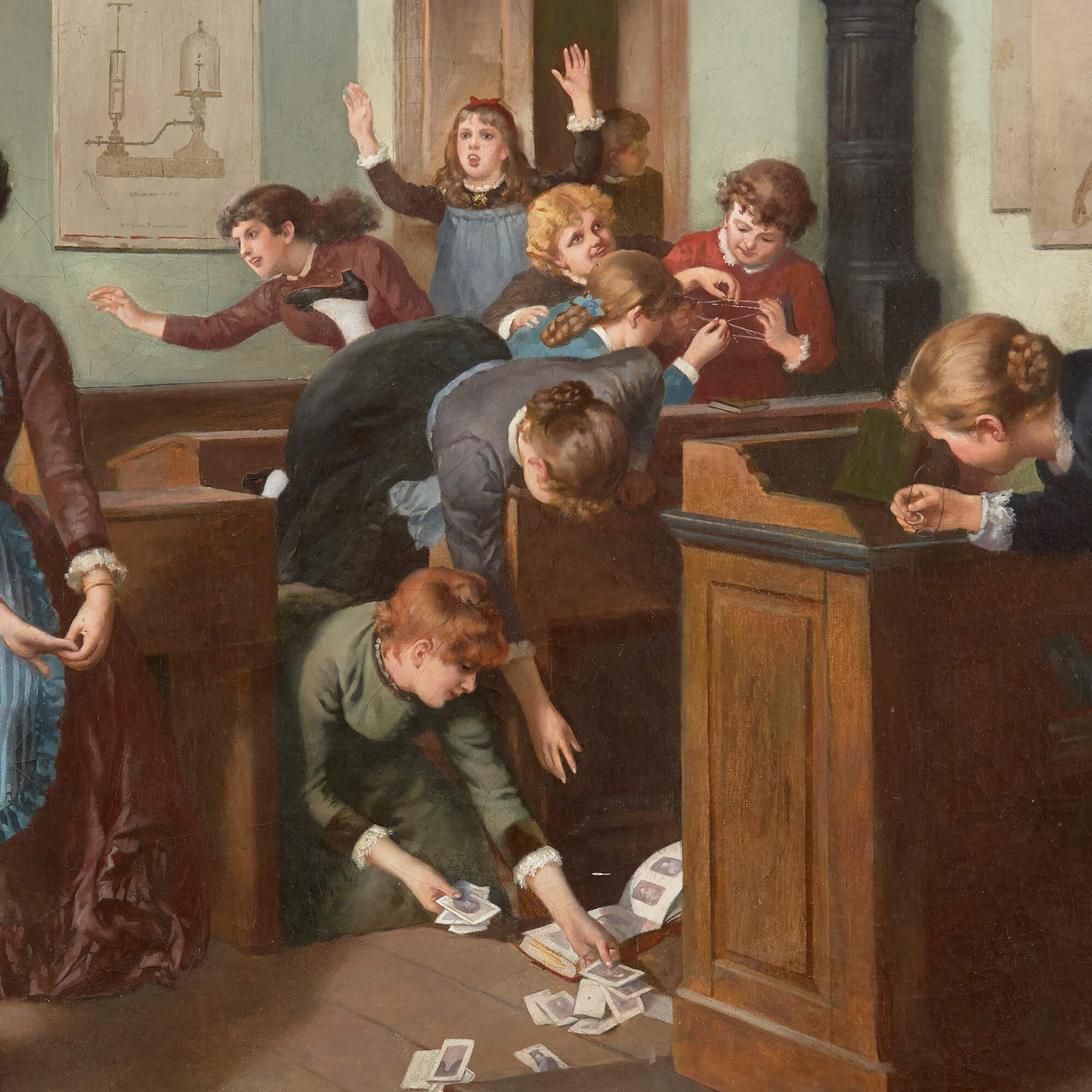 Austrian genre painting of children in a classroom by Rudolf Geyling
Austrian, late 19th Century
Frame: Height 94cm, width 126cm, depth 8cm
Canvas: Height 75cm, width 101cm, depth 2cm

This charming oil painting depicts a classroom filled with young