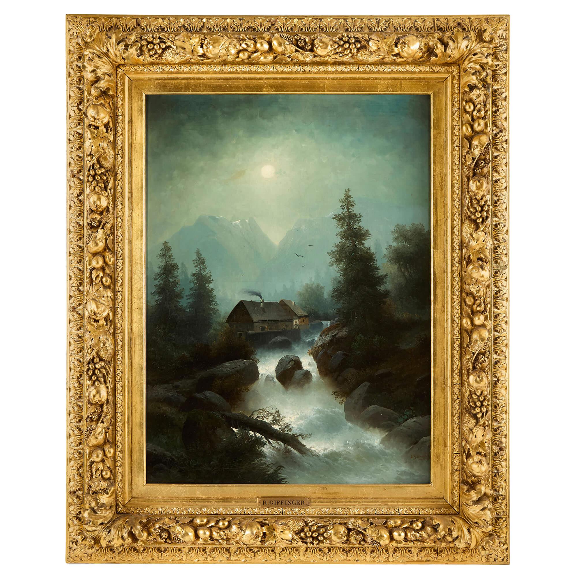 Large German Alpine Waterfall Landscape Bern Switzerland Rudolf Giffinger
German, Late 19th Century
Canvas: Height 101cm, width 74cm
Frame: Height 139cm, width 112cm, depth 14cm

This dramatic Alpine painting by Rudolf Giffinger (German, 19th