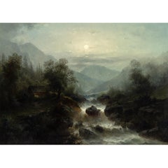 Mountain Landscape With Torrent By Moonlight, 19th-Century Nocturne Oil Painting