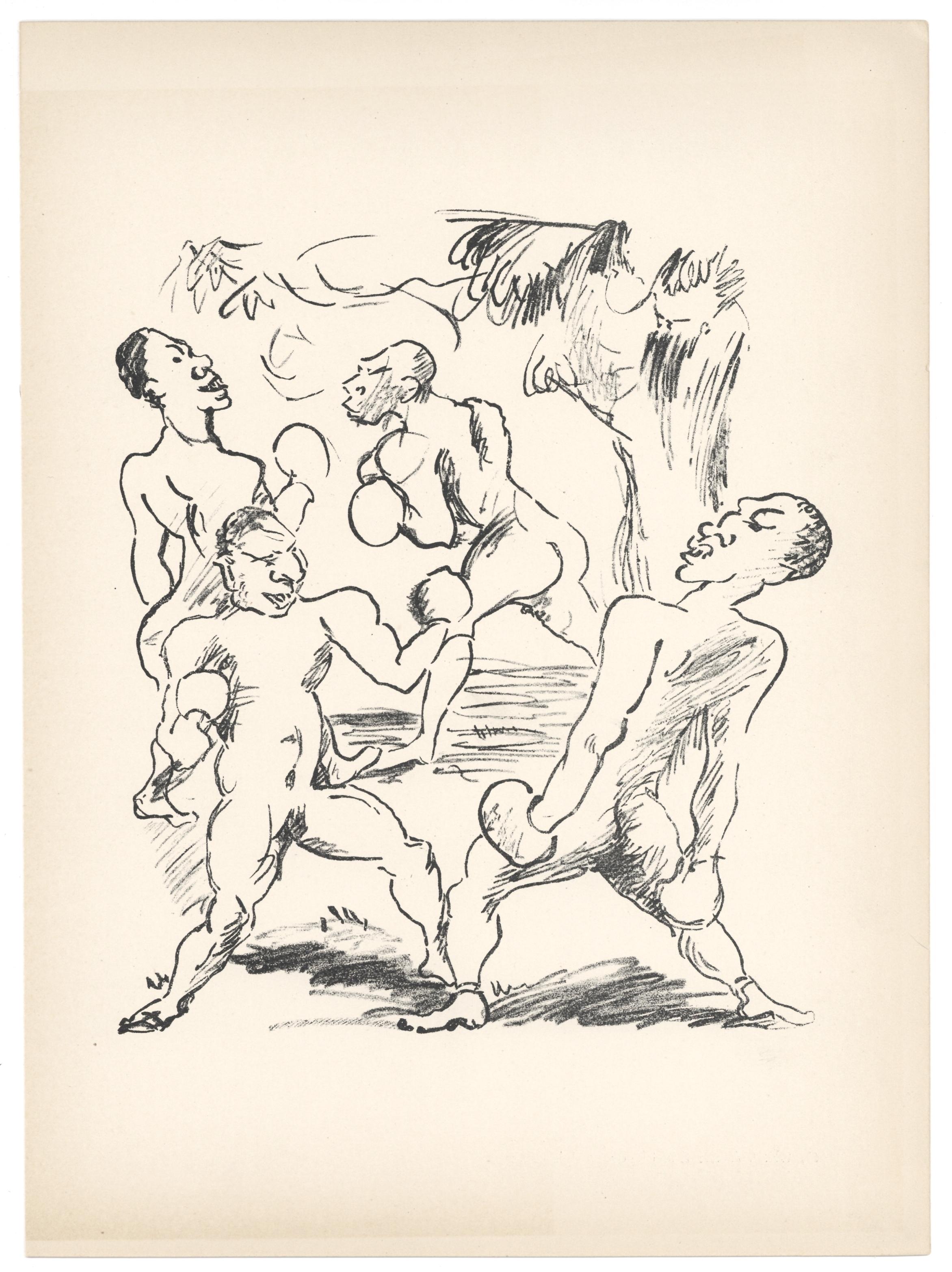"Boxers" original lithograph - Print by Rudolf Grossmann