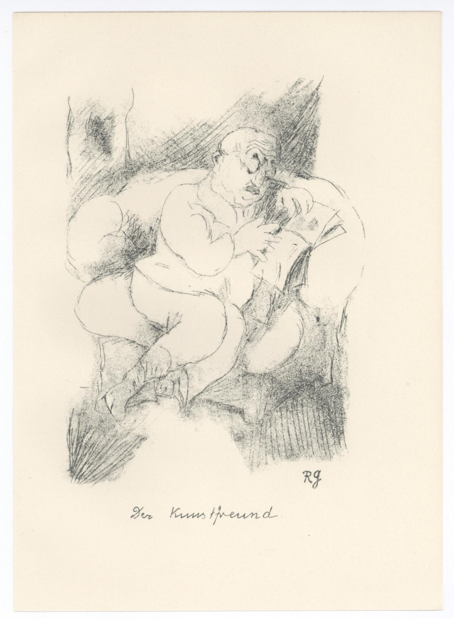 „Der Kunstfreund“ Originallithographie – Print von Rudolf Grossmann
