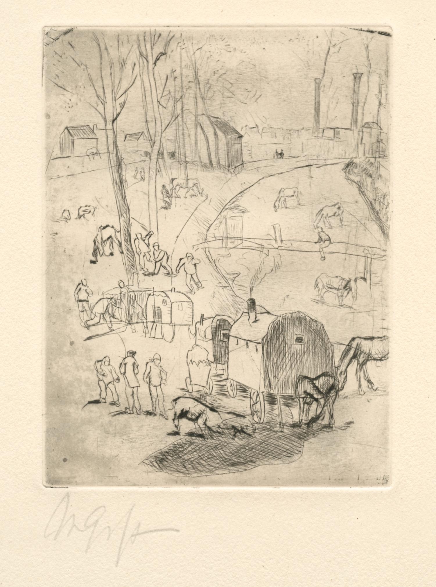 „Zigeunerwagen“ signierte Original-Radierung – Print von Rudolf Grossmann